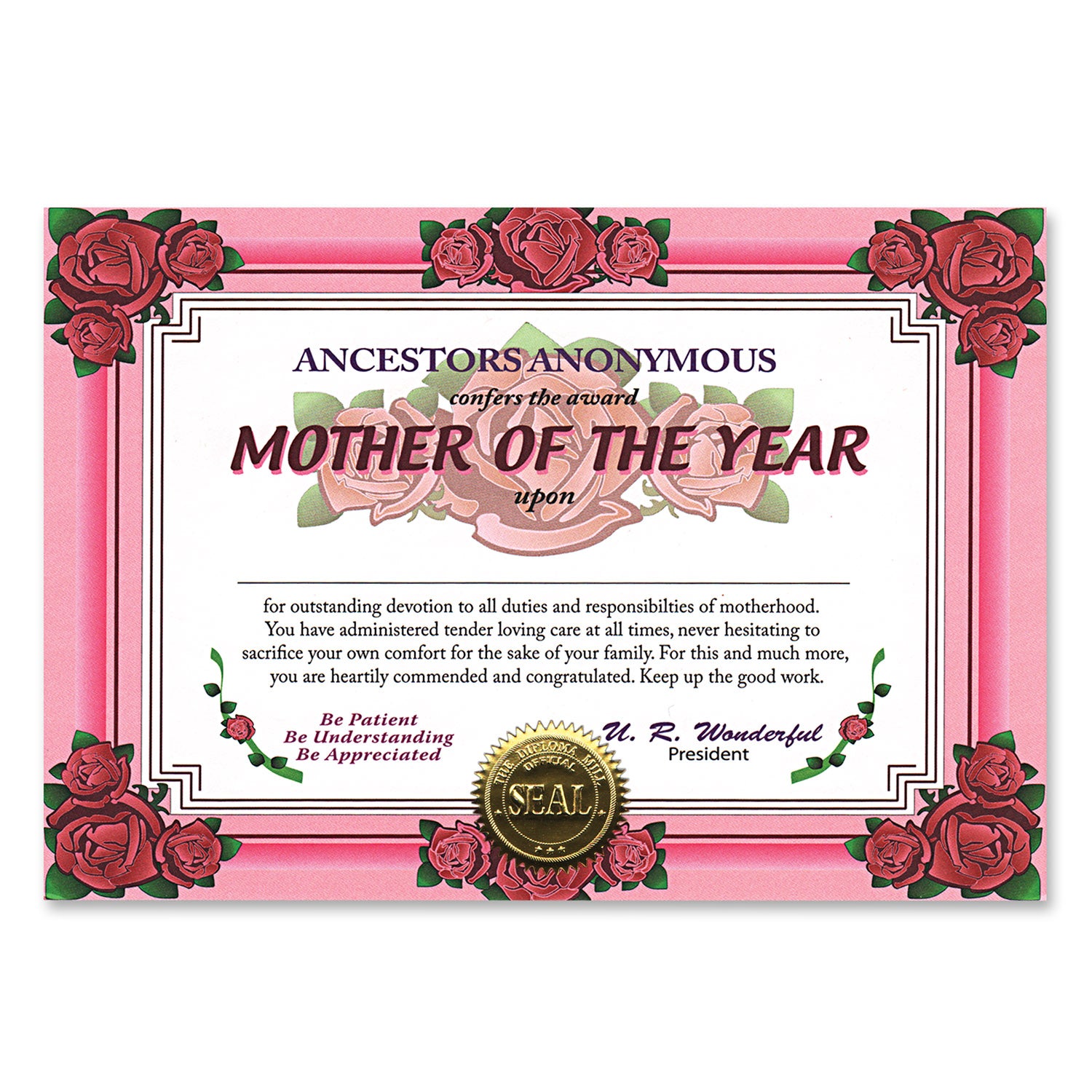 Mother Of The Year Certificate