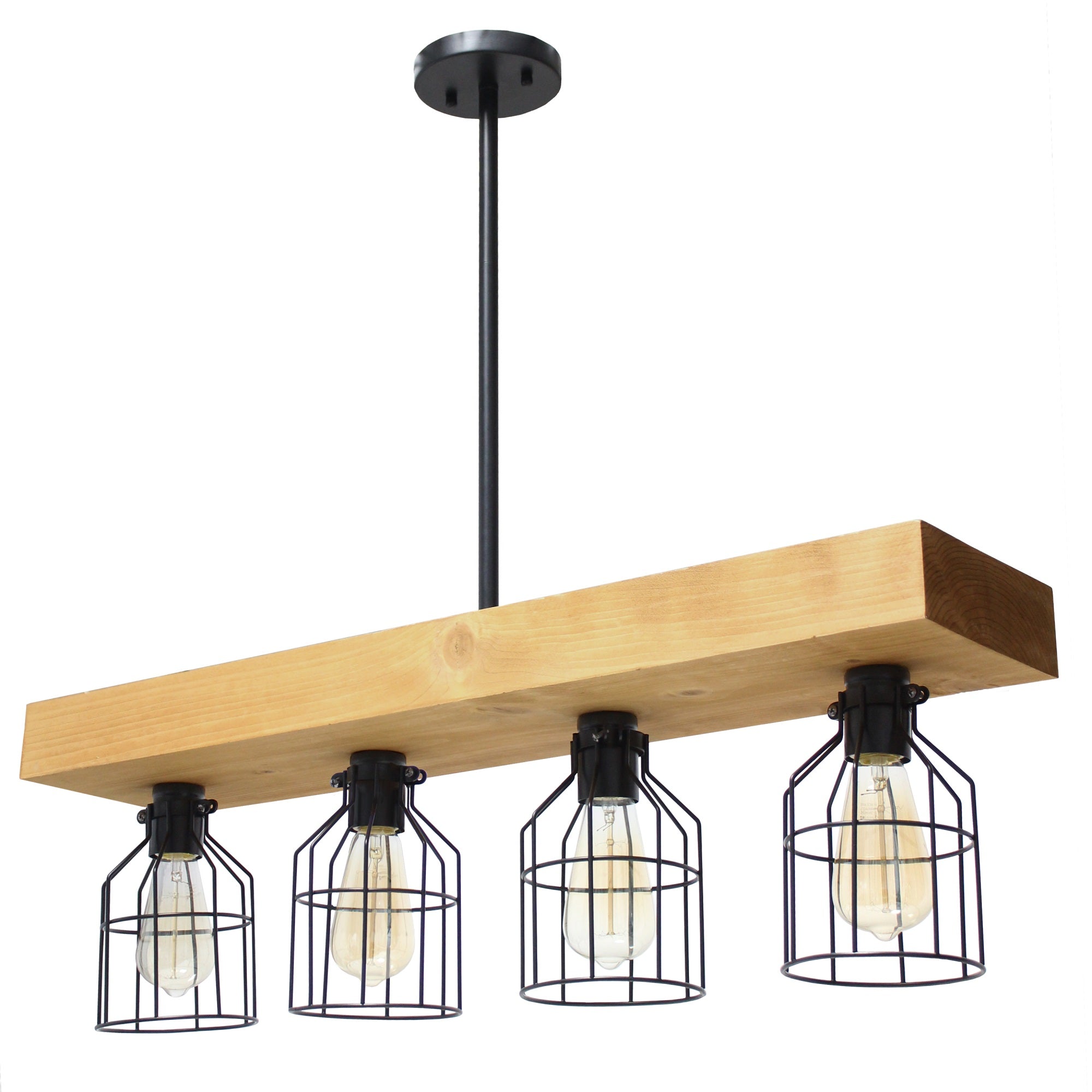 4 Light Rustic Cage Pendant, Light Wood