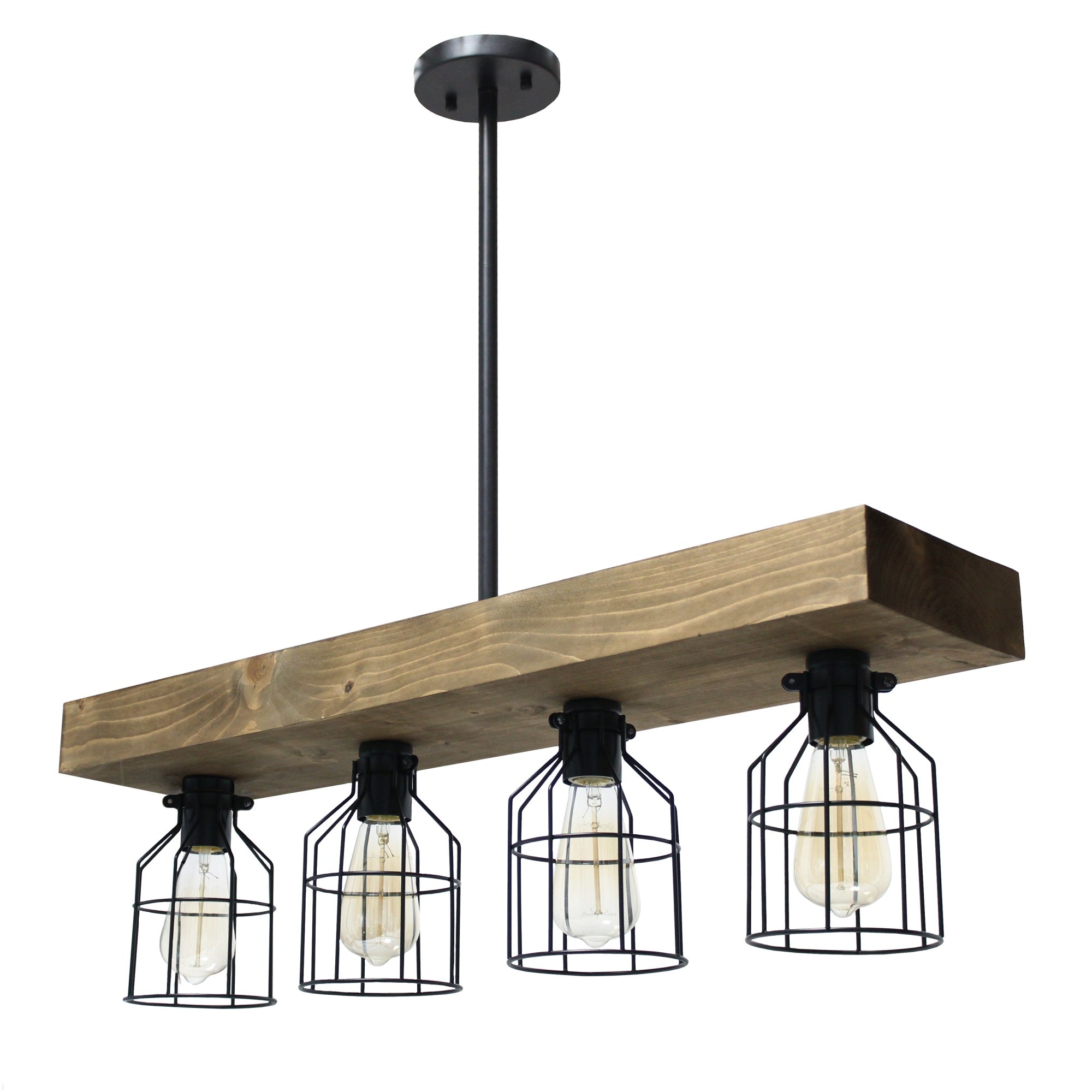4 Light Rustic Cage Pendant, Restored Wood