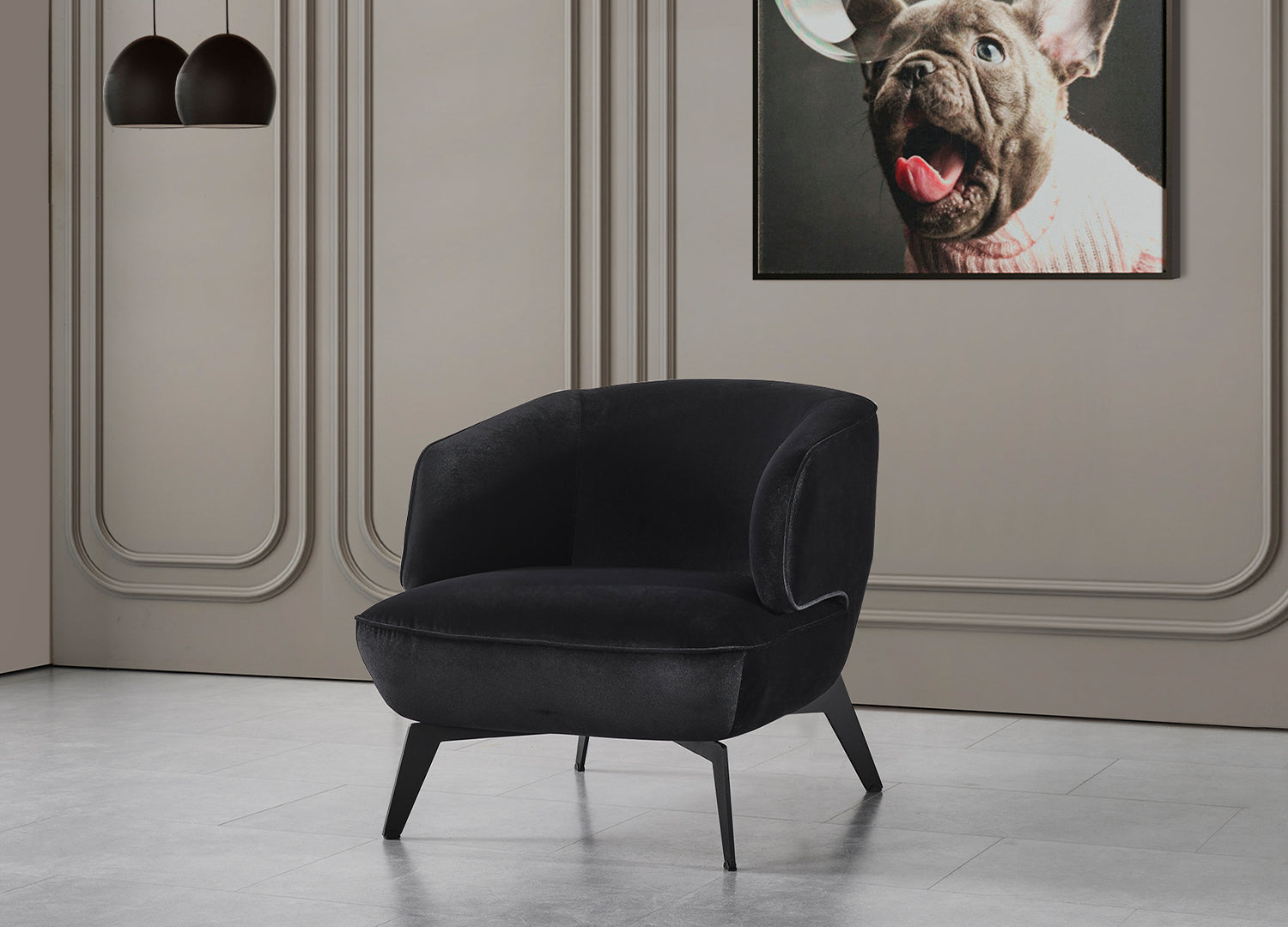 Mersin Accent Chair, Black Velvet Fabric, Matte Black Powder-Coated Metal Legs