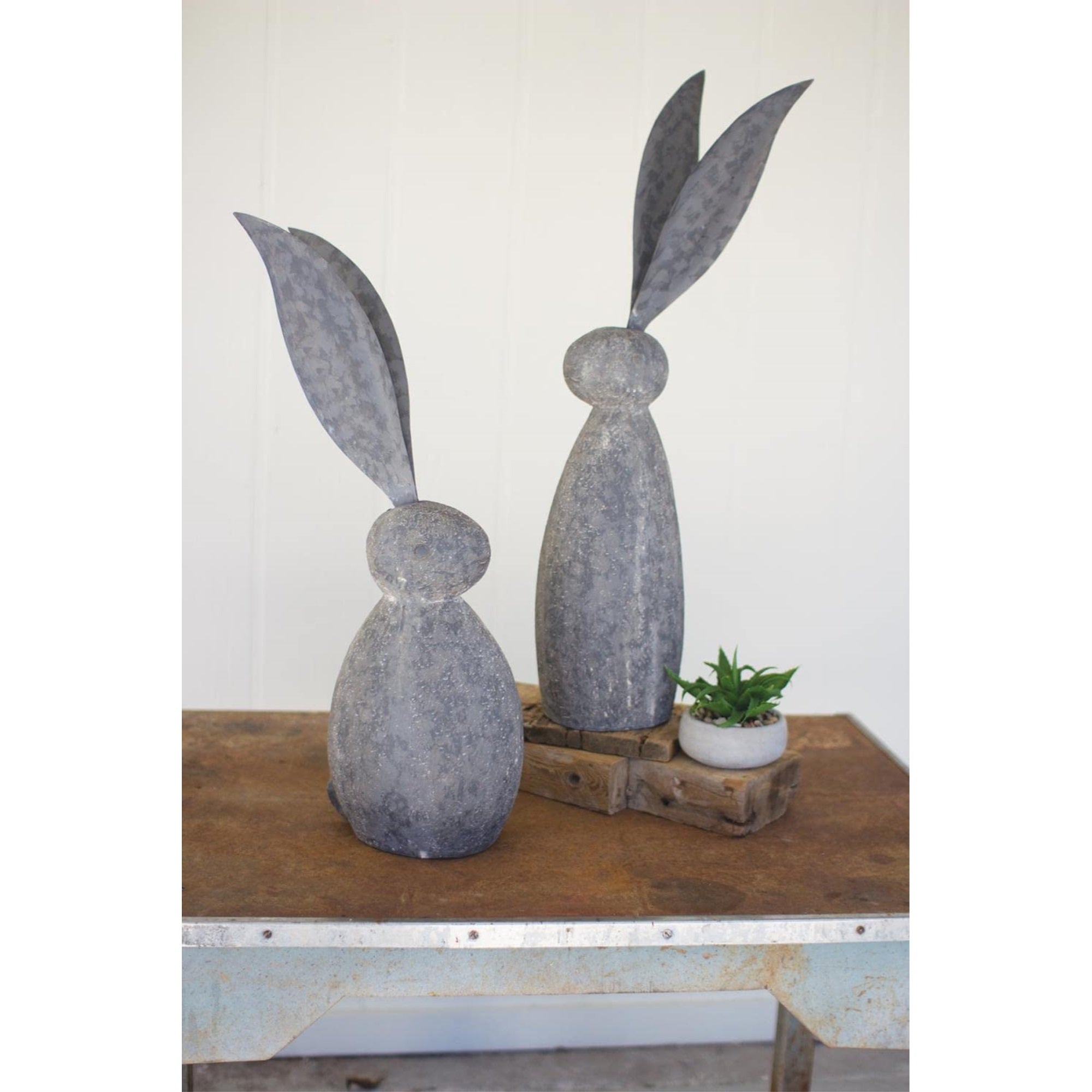 Faux Stone Rabbit With Tall Metal Ears - Tall