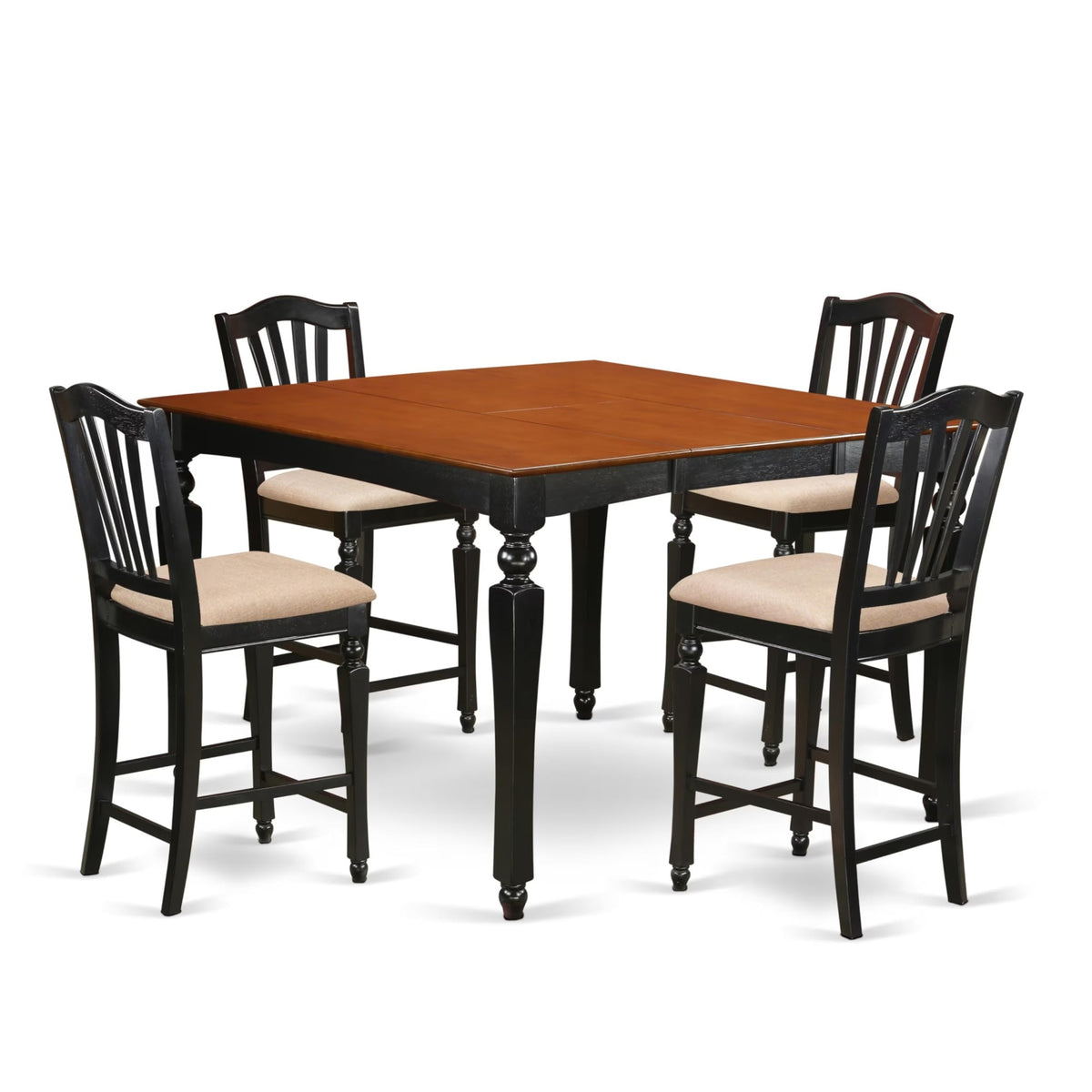 Casafoyer Chel5-Blk-C Chelsea 5 Piece Kitchen Counter Set Includes A Square Room Table With  Leaf And 4 Linen Fabric Upholstered Dining Chairs, 54X54 Inch