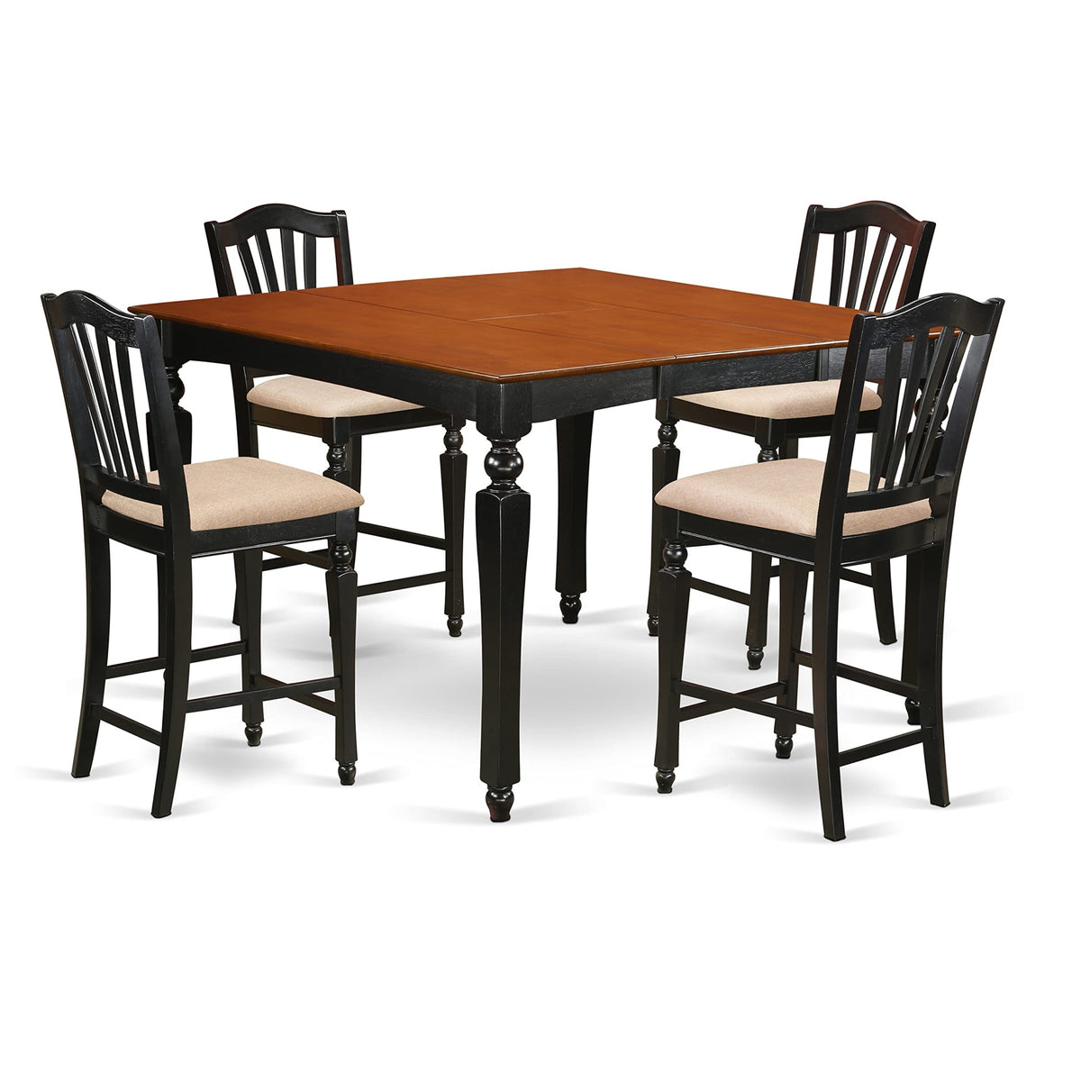 Ergode Chel5-Blk-C, Chelsea 5-Piece Kitchen Set, Butterfly Leaf Table, 4 Linen Fabric Chairs, Black & Cherry, Easy Assembly, High-Quality Finish, Customer Support