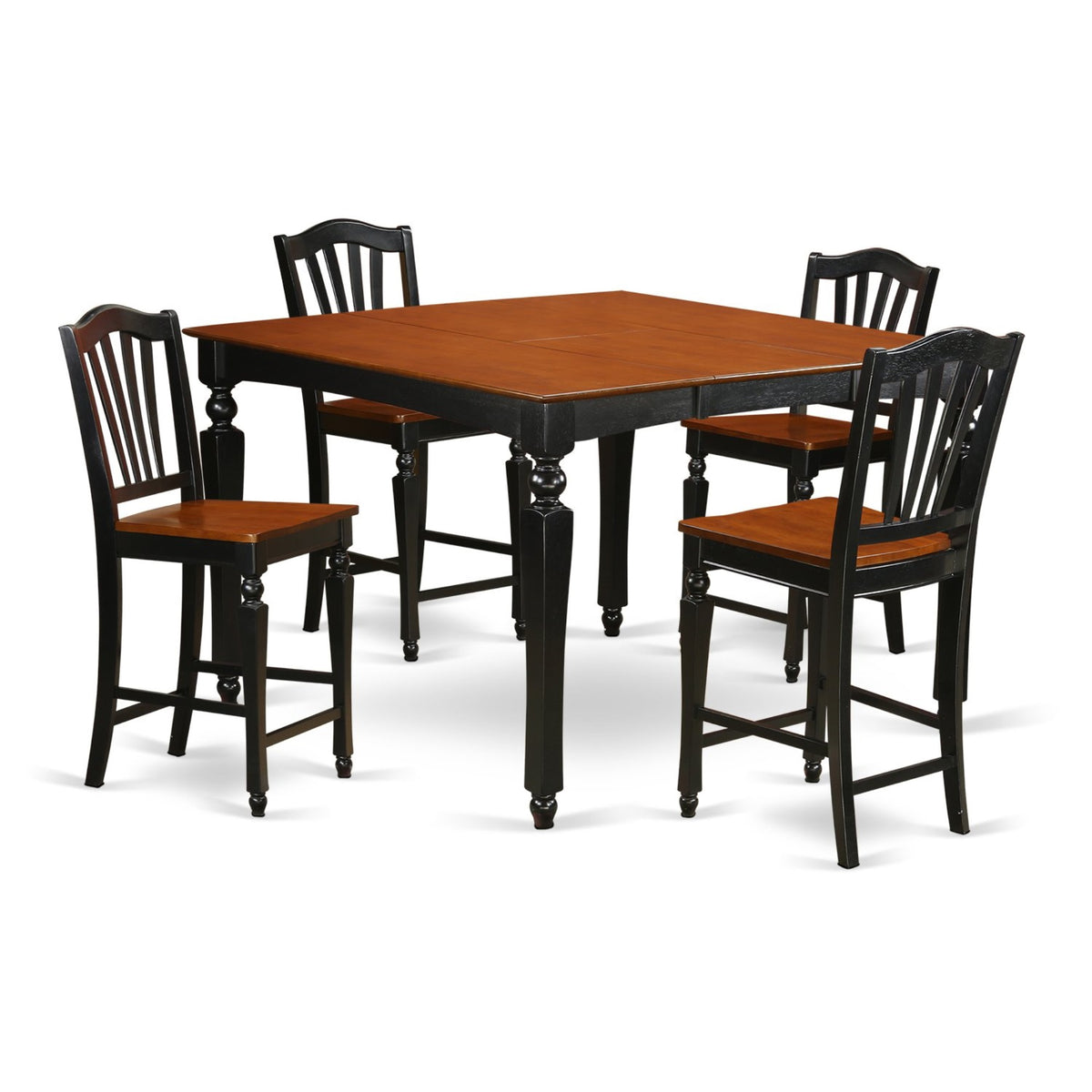 Ergode Chel5-Blk-W Kitchen Table Set, 5-Piece Ensemble, Butterfly Leaf Table, 4 Dining Chairs, Wooden Seats & Slatted Backs, High-End Finish, Asian Wood Frame, Black & Cherry Color Scheme, Square Table Top, Easy Assembly, Customer Service Assistance