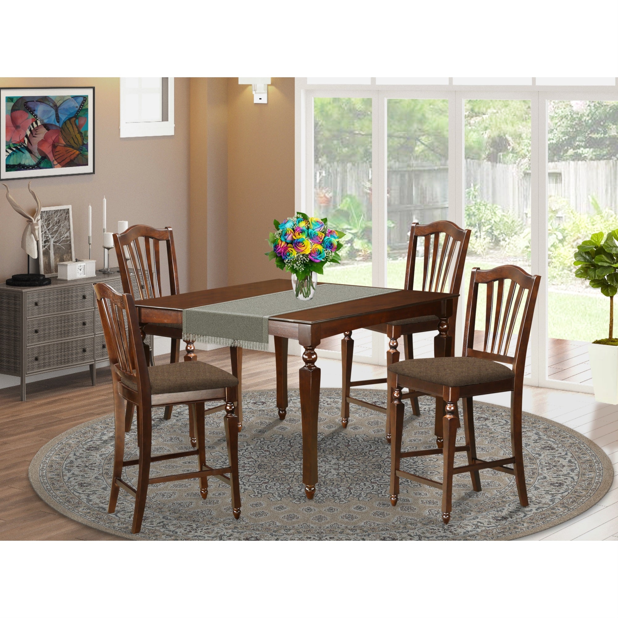 Chel5-Mah-C 5 Pc Counter Height Dining Set-Square Gathering Table With 4 Stools