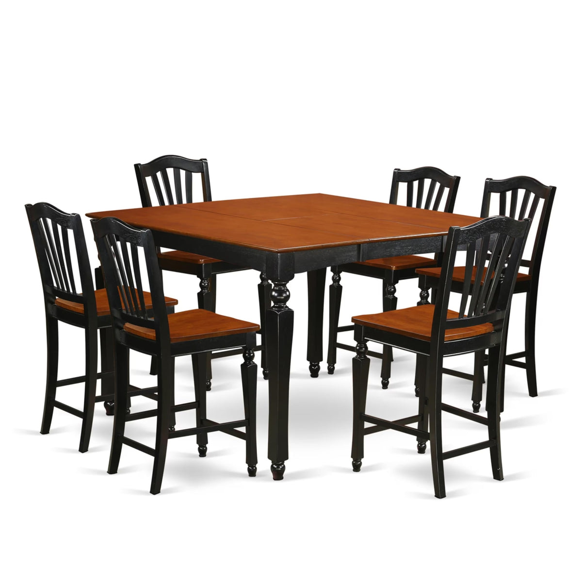 Casafoyer Chel7-Blk-W Chelsea 7 Piece Counter Height Pub Set Consist Of A Square Table With  Leaf And 6 Dining Room Chairs, 54X54 Inch