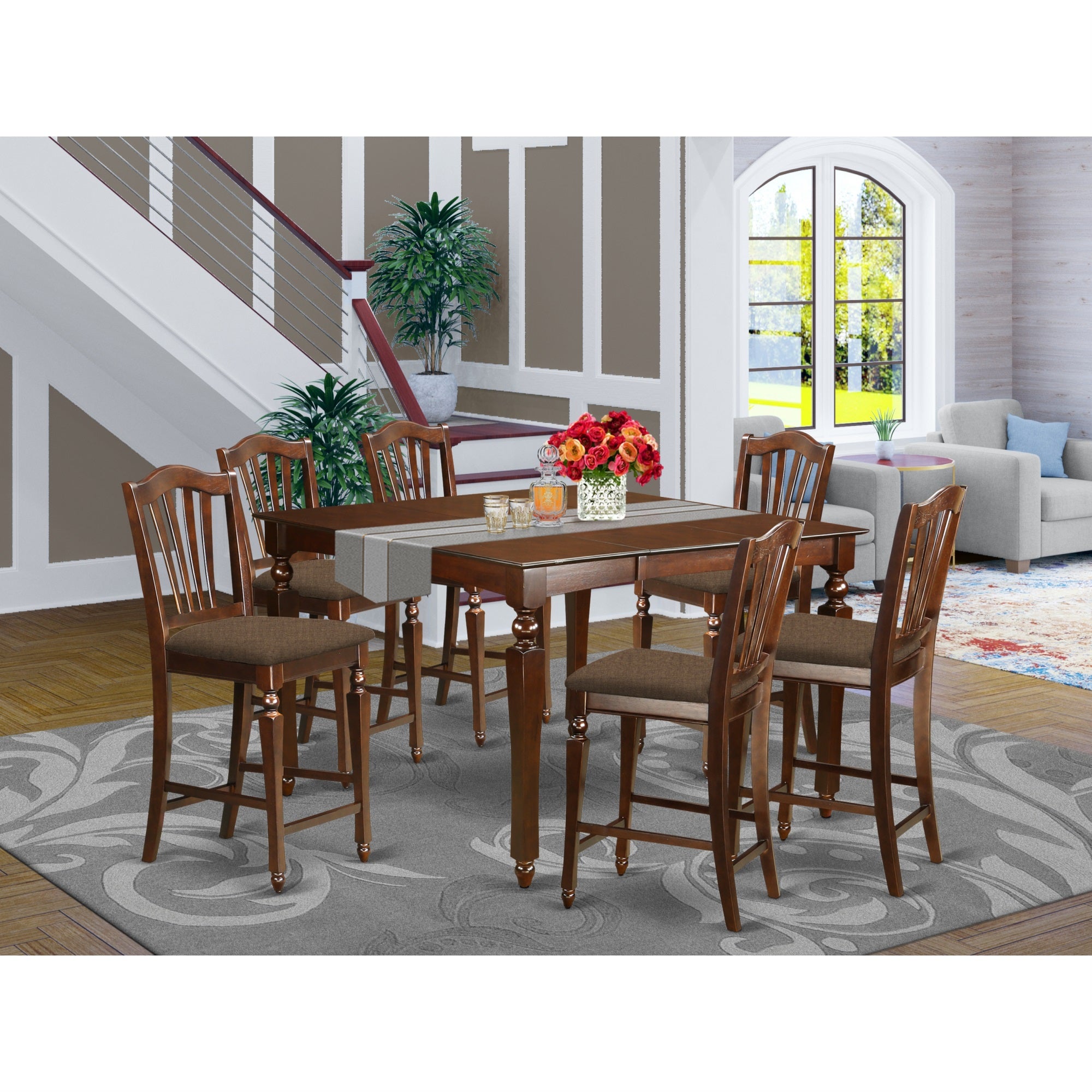Chel7-Mah-C 7 Pc Pub Height Set- Square Counter Height Table With 6 Stools
