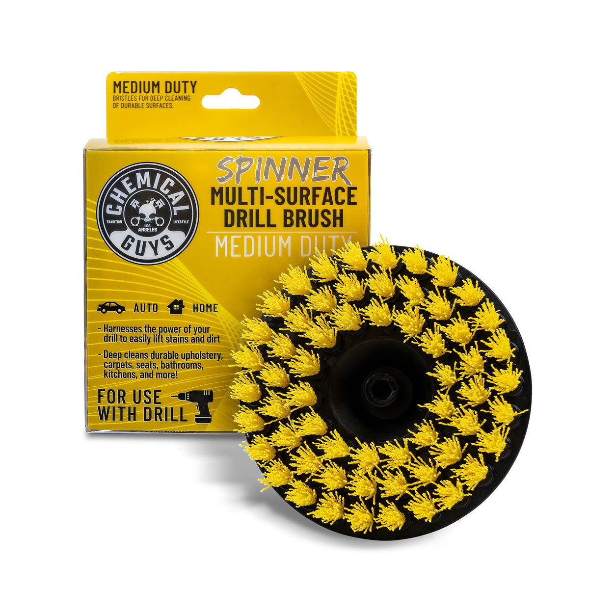 Chemical Guys Acc507 Medium Duty Spinner Multi-Surface Drill Brush Attachment (Fits Any Standard Drill - Power Scrubber Removes Stains & Cleans Floor Mats, Upholstery & Carpets), Yellow