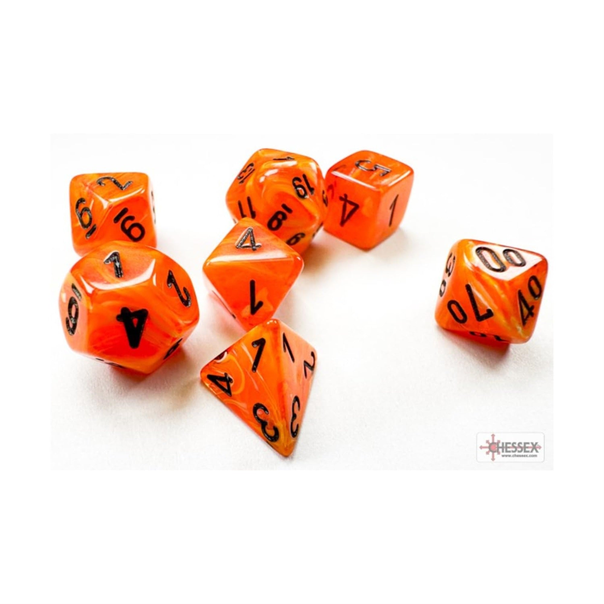 Orange Vortex Mini Dice with Black Numbers 10mm (3/8in) Set of 7 Chessex