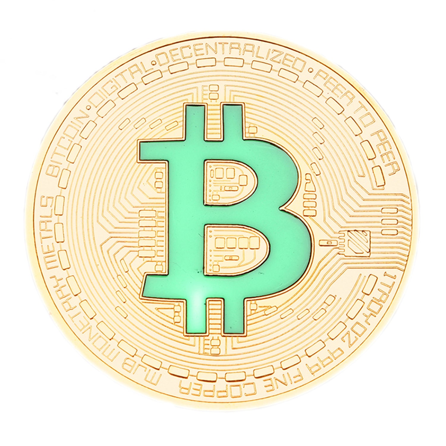 Collectors Item Silver Coated Bitcoin with Green Letter B No Value Replica Imitation