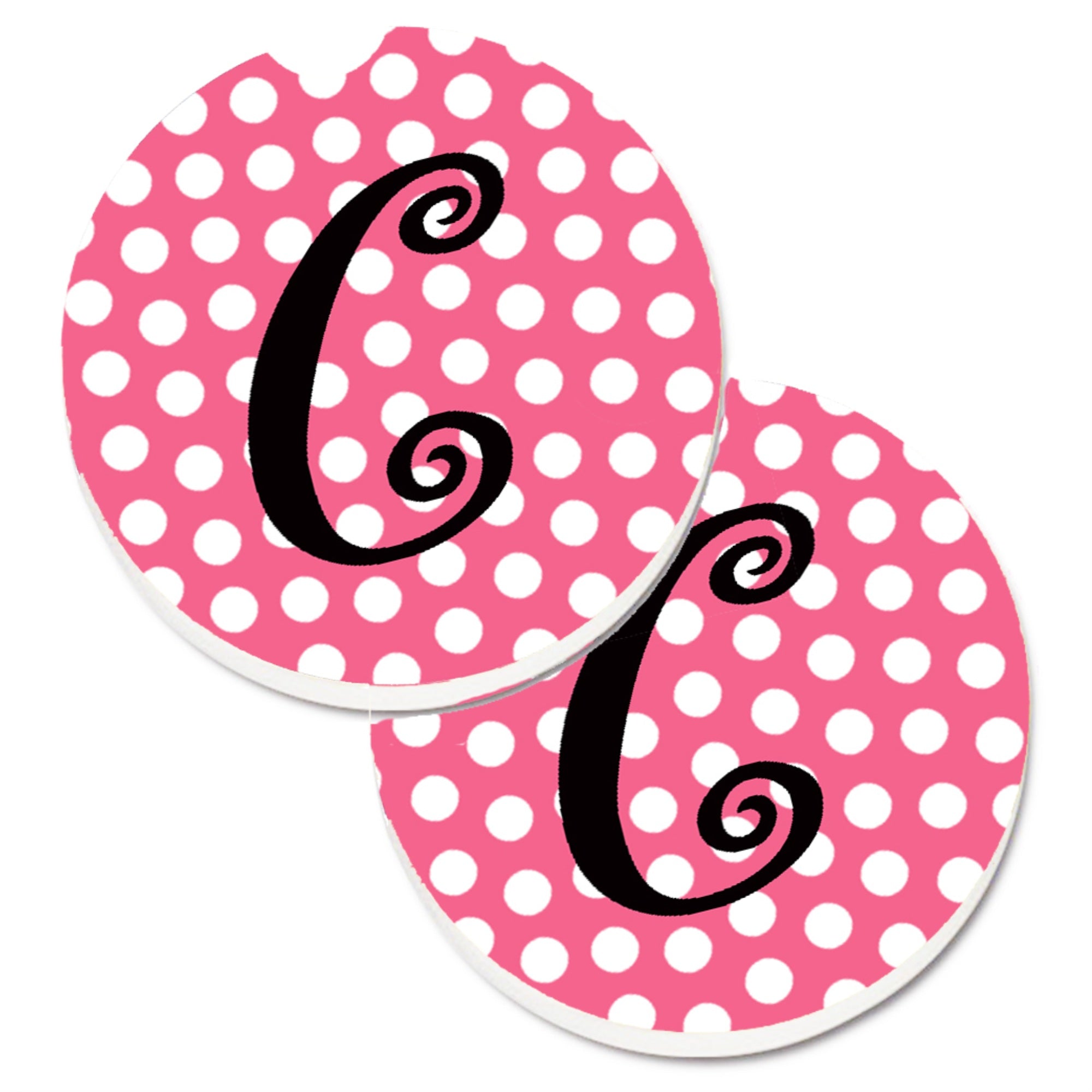 Caroline'S Treasures Letter C Monogram - Pink Black Polka Dots Set Of 2 Cup Holder Car Coasters Cj1001-Ccarc, 2.56, Multicolor