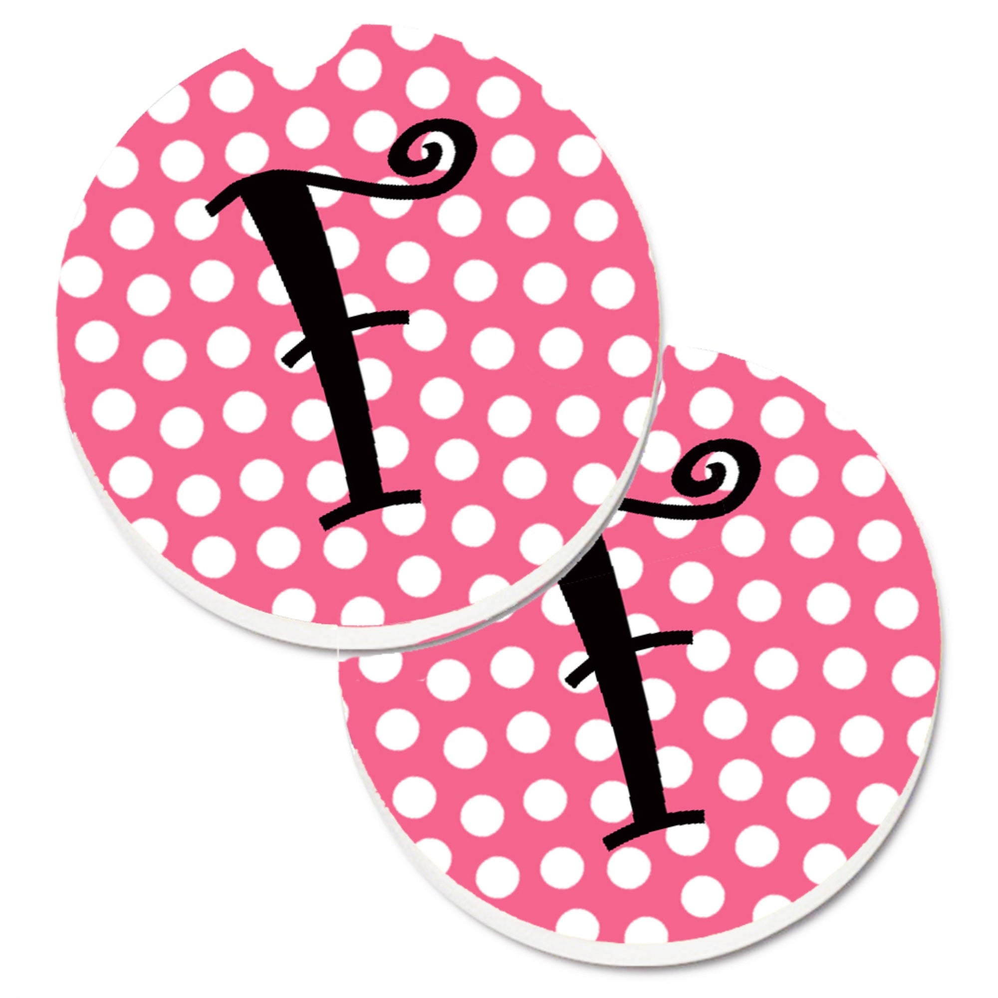 Caroline'S Treasures Letter F Monogram - Pink Black Polka Dots Set Of 2 Cup Holder Car Coasters Cj1001-Fcarc, 2.56, Multicolor