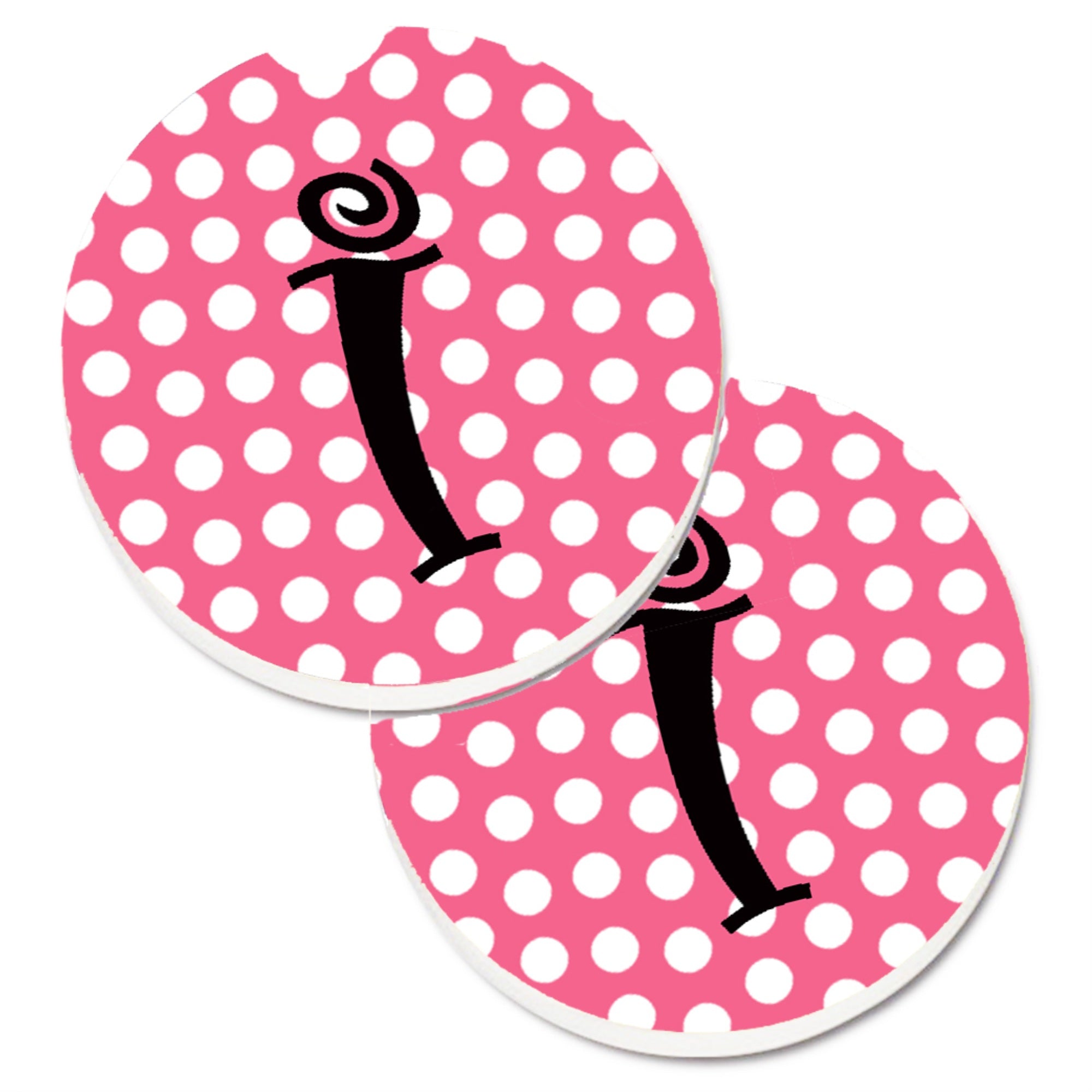 Caroline'S Treasures Letter I Monogram - Pink Black Polka Dots Set Of 2 Cup Holder Car Coasters Cj1001-Icarc, 2.56, Multicolor