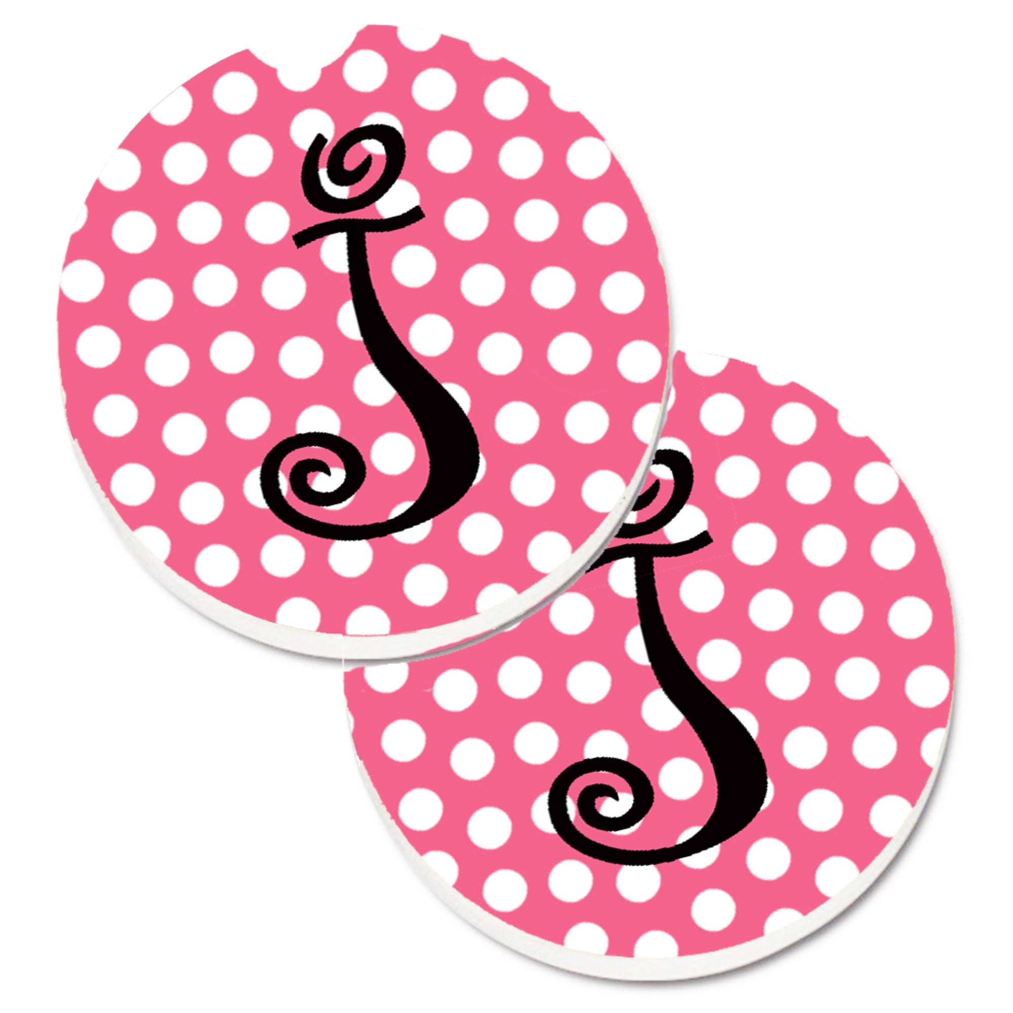 Caroline'S Treasures Letter J Monogram - Pink Black Polka Dots Set Of 2 Cup Holder Car Coasters Cj1001-Jcarc, 2.56, Multicolor