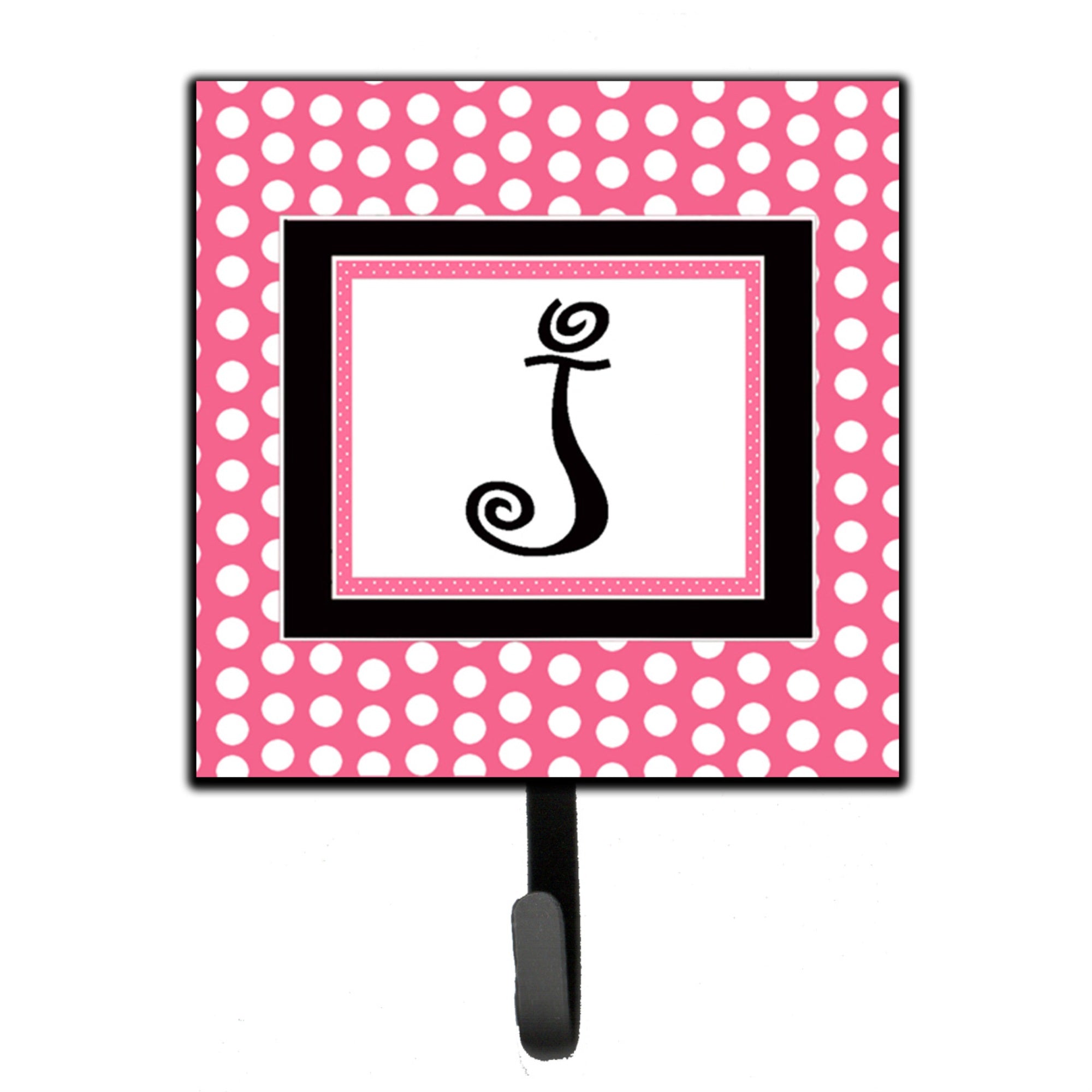 Caroline'S Treasures Cj1001-Jsh4 Letter J Initial Monogram-Pink Black Polka Dots Leash Holder Or Key Hook, Small, Multicolor