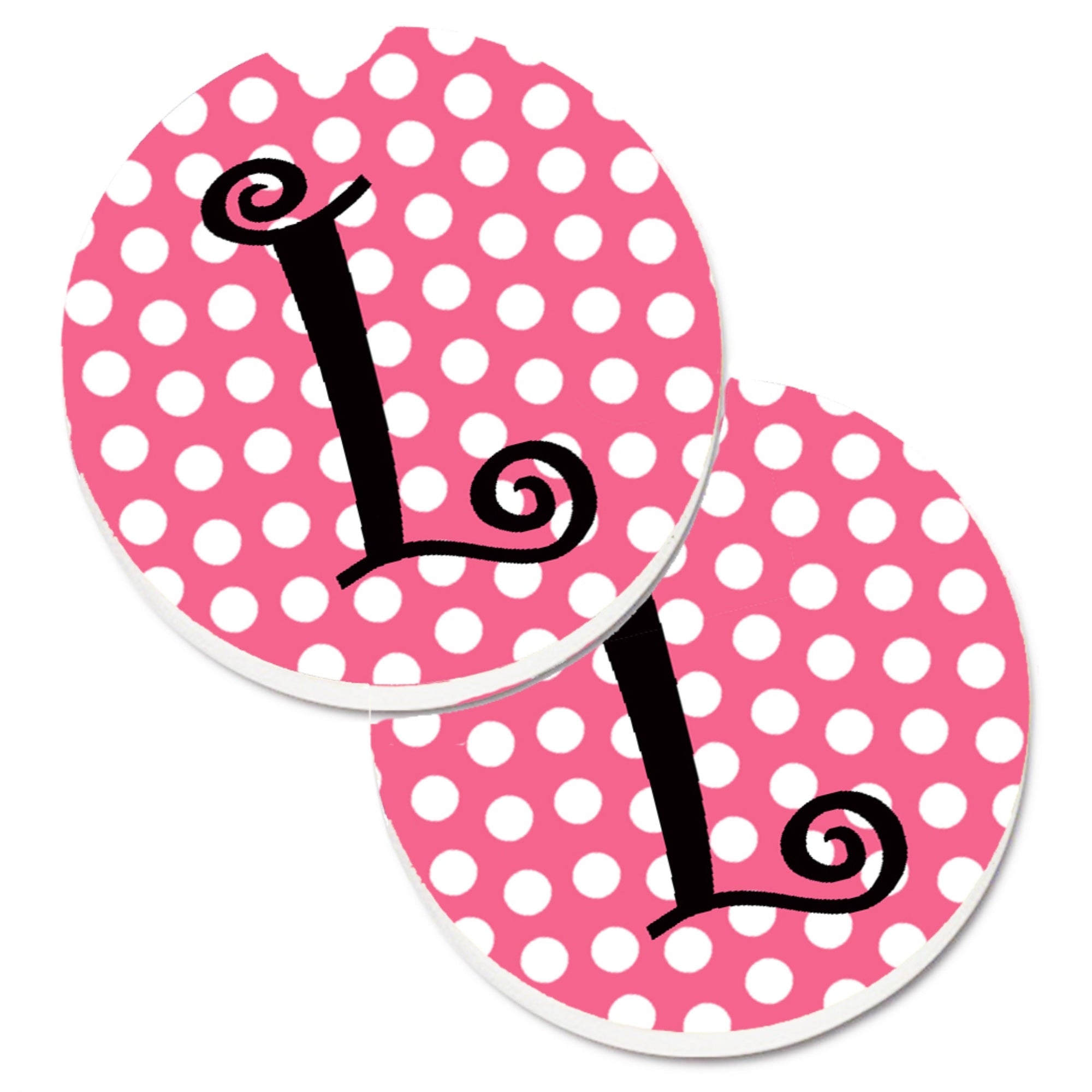 Caroline'S Treasures Letter L Monogram - Pink Black Polka Dots Set Of 2 Cup Holder Car Coasters Cj1001-Lcarc, 2.56, Multicolor