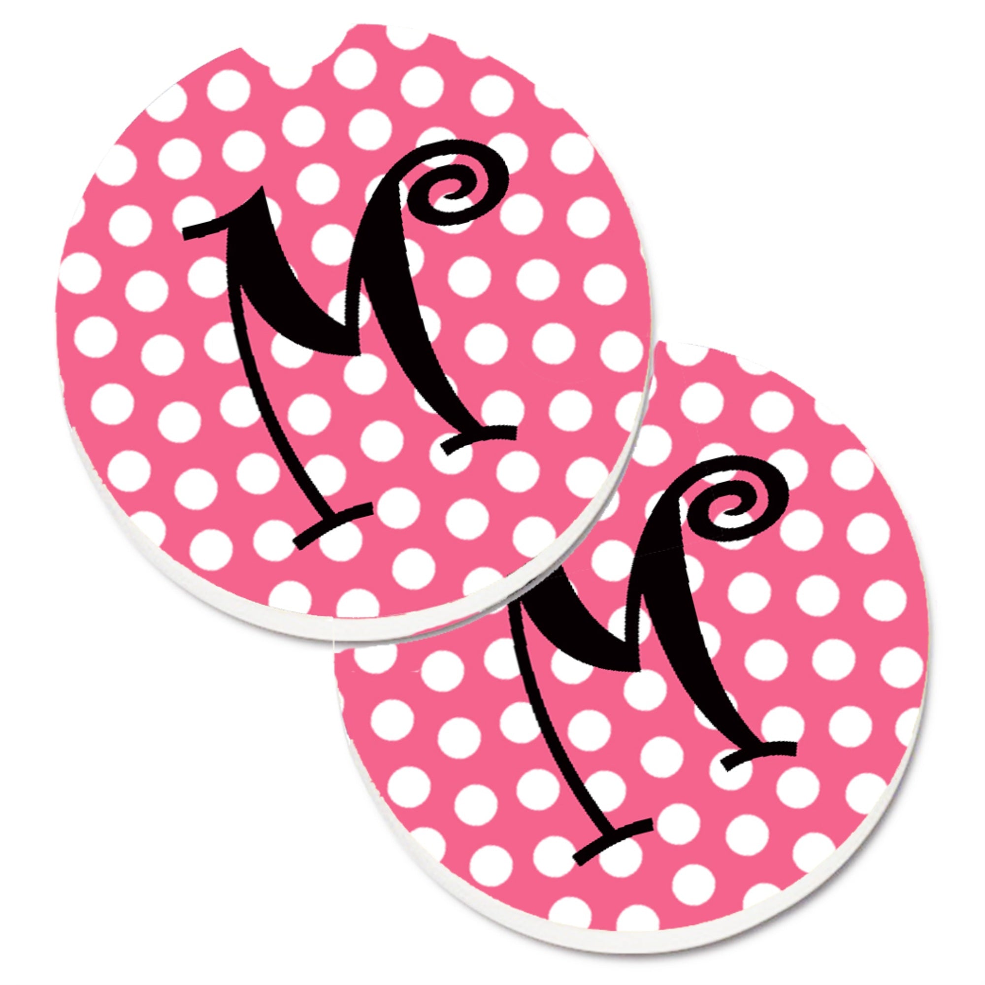 Caroline'S Treasures Letter M Monogram - Pink Black Polka Dots Set Of 2 Cup Holder Car Coasters Cj1001-Mcarc, 2.56, Multicolor