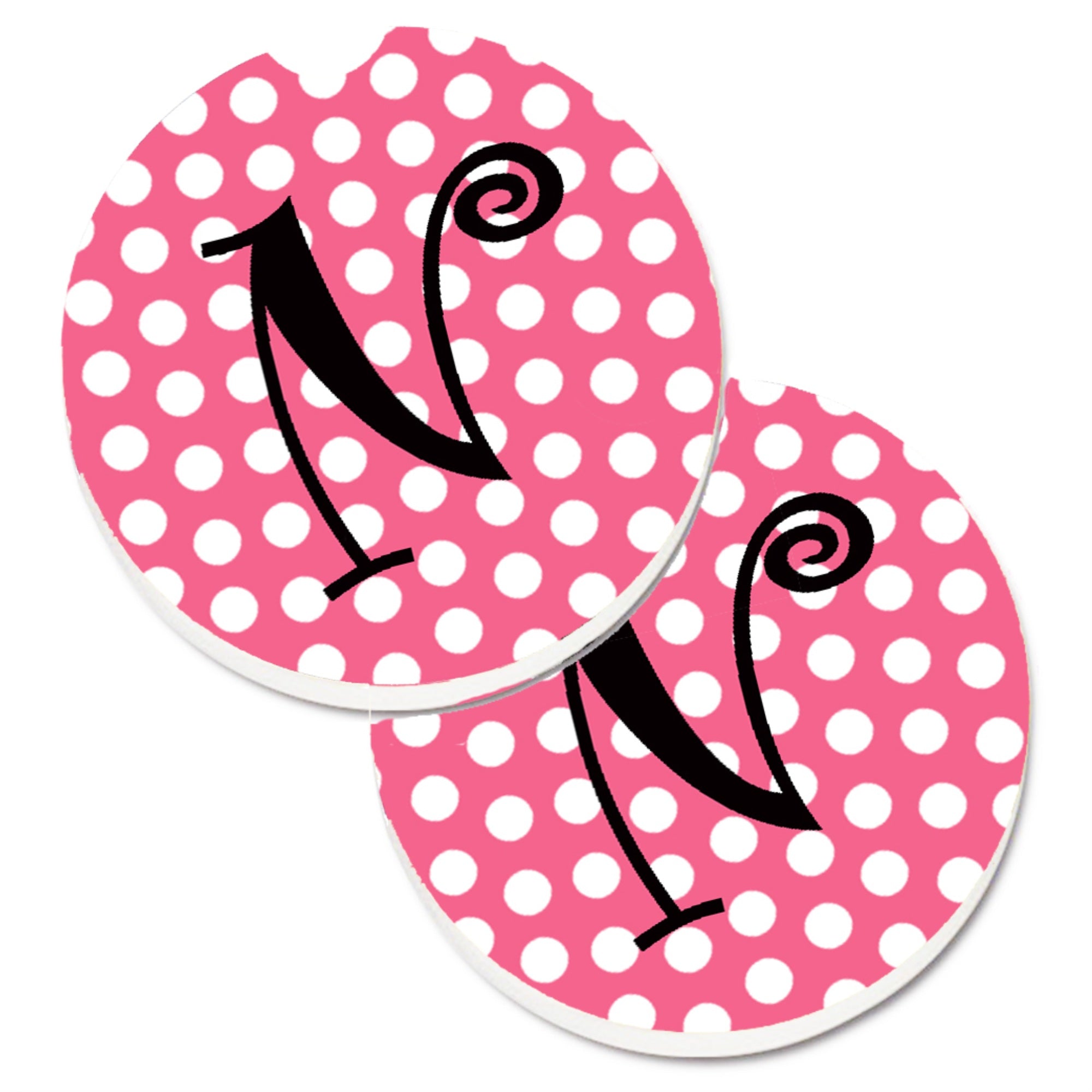 Caroline'S Treasures Letter N Monogram - Pink Black Polka Dots Set Of 2 Cup Holder Car Coasters Cj1001-Ncarc, 2.56, Multicolor