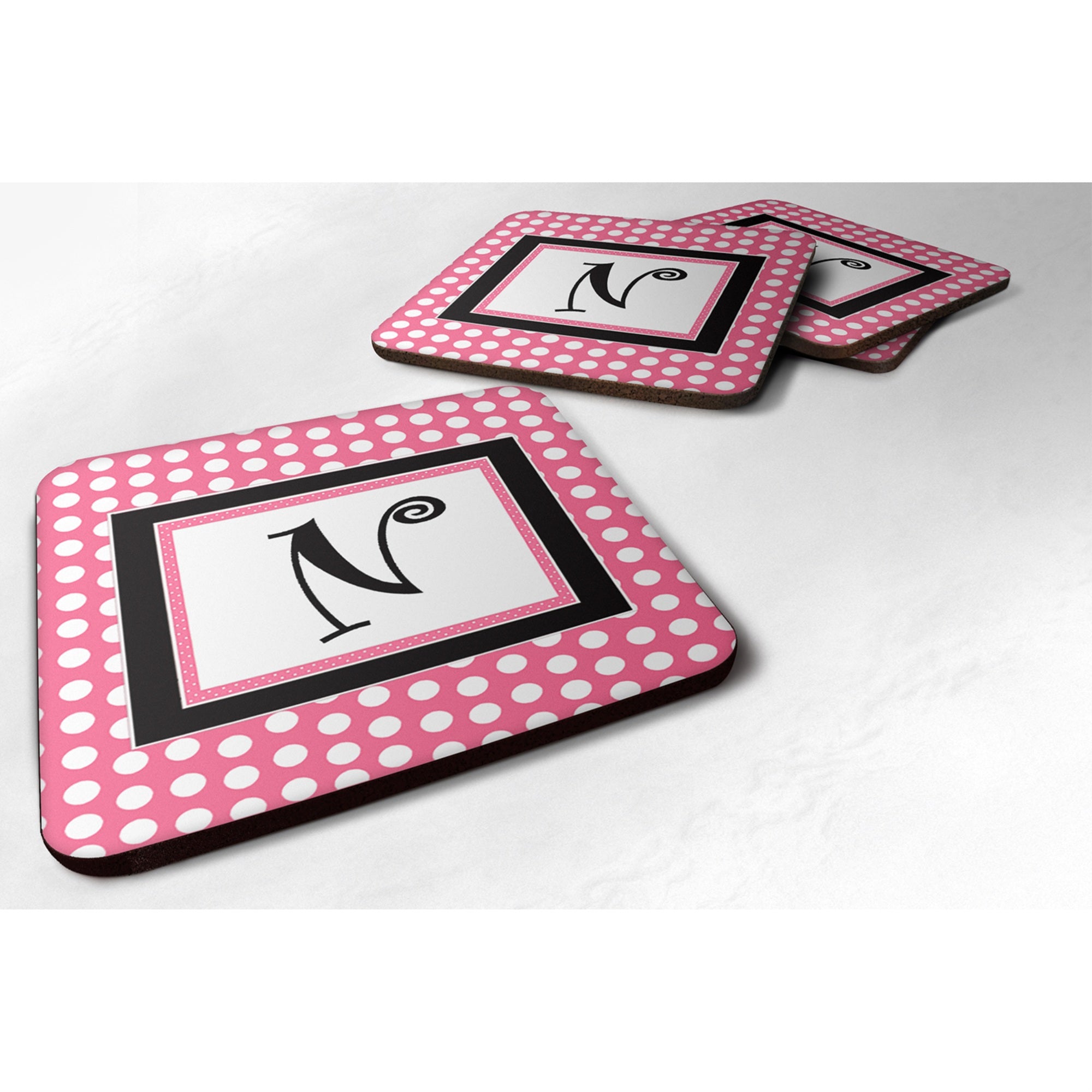 Caroline'S Treasures Cj1001-Nfc Monogram-Pink Black Polka Dots Foam Coasters (Set Of 4), Initial Letter N, 3.5 H X 3.5