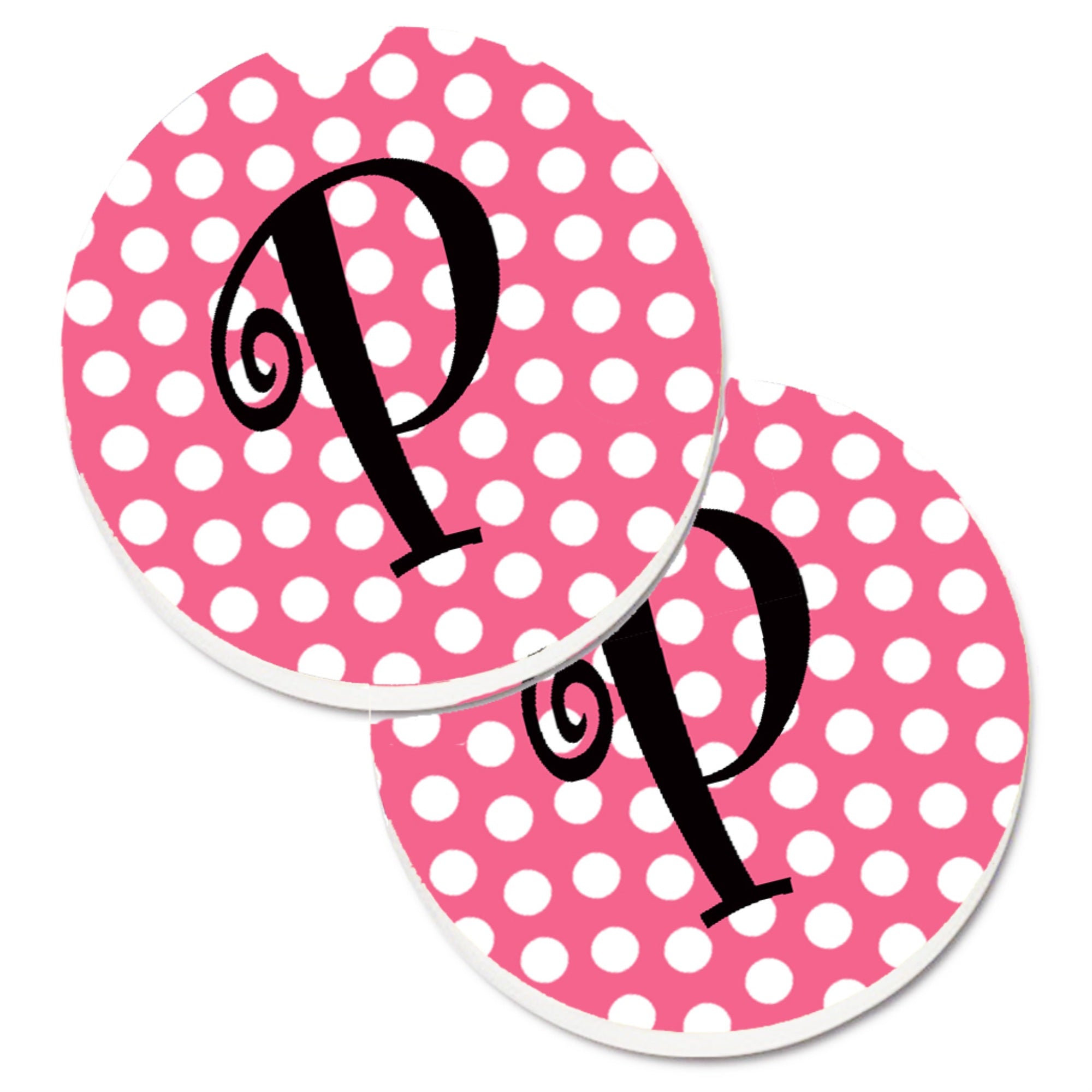 Caroline'S Treasures Letter P Monogram - Pink Black Polka Dots Set Of 2 Cup Holder Car Coasters Cj1001-Pcarc, 2.56, Multicolor