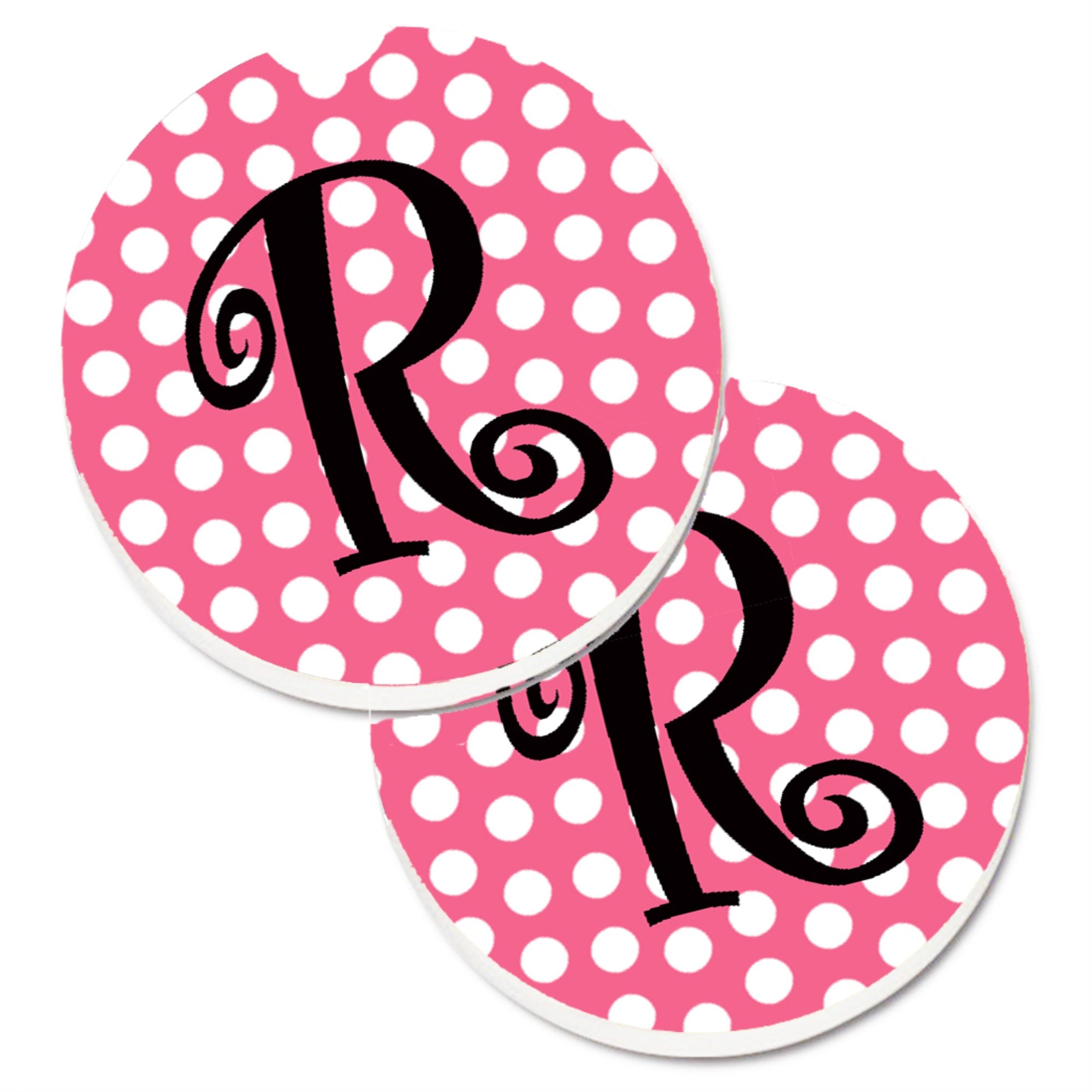 Caroline'S Treasures Letter R Monogram - Pink Black Polka Dots Set Of 2 Cup Holder Car Coasters Cj1001-Rcarc, 2.56, Multicolor