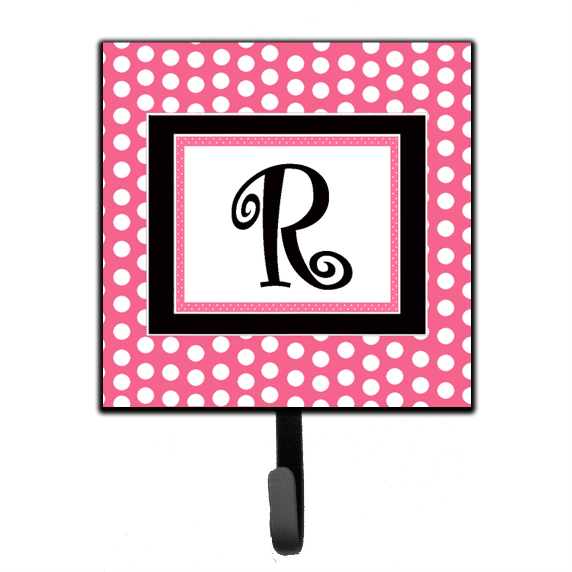 Caroline'S Treasures Cj1001-Rsh4 Letter R Initial Monogram-Pink Black Polka Dots Leash Holder Or Key Hook, Small, Multicolor