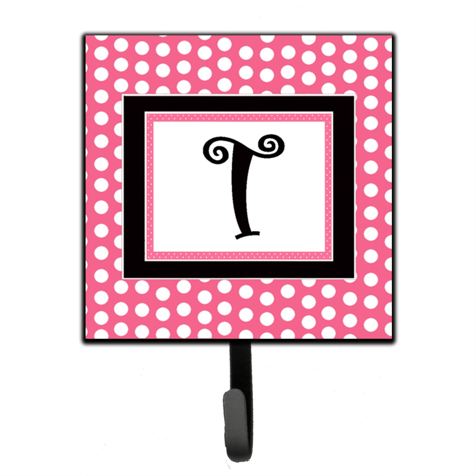 Caroline'S Treasures Cj1001-Tsh4 Letter T Initial Monogram-Pink Black Polka Dots Leash Holder Or Key Hook, Small, Multicolor