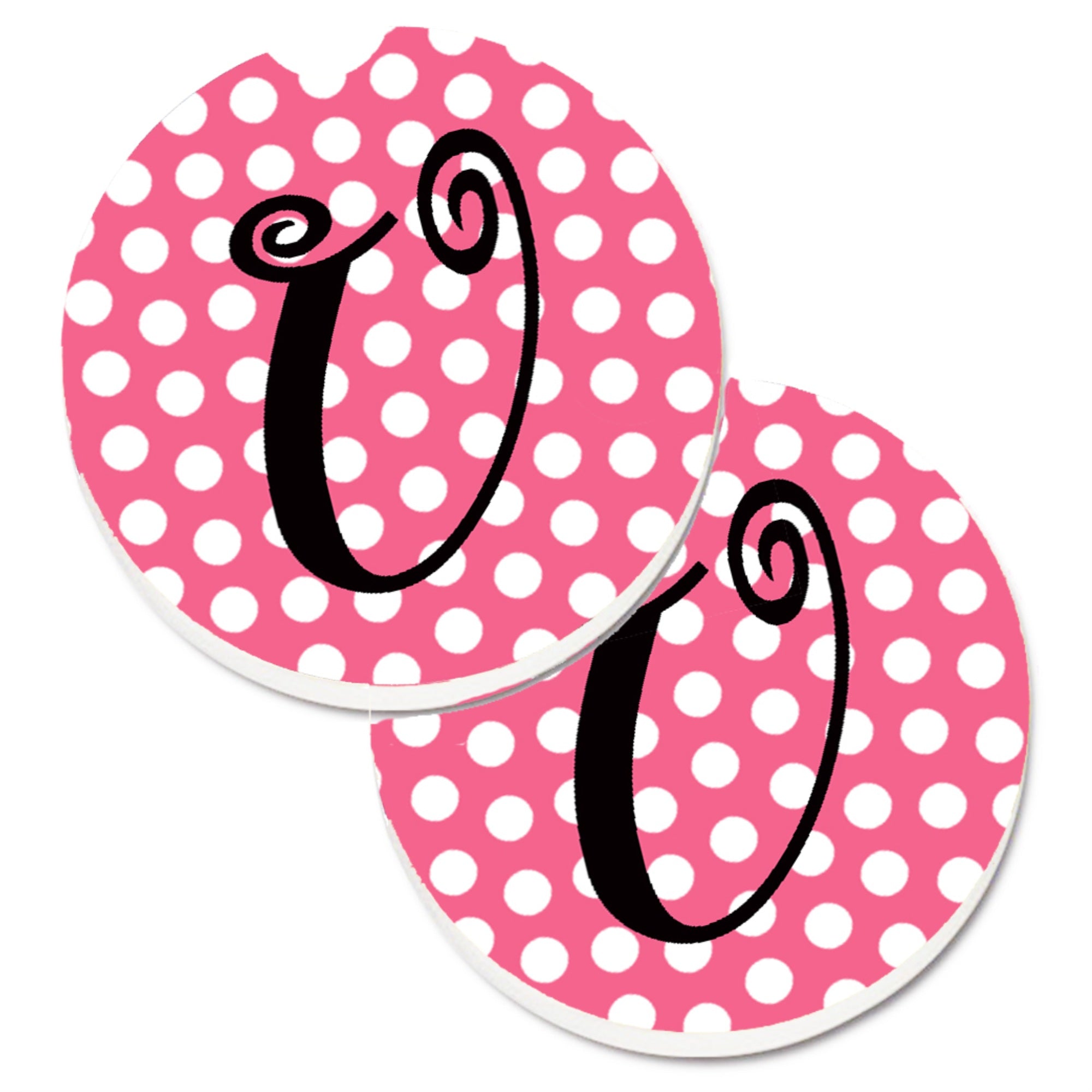 Caroline'S Treasures Letter U Monogram - Pink Black Polka Dots Set Of 2 Cup Holder Car Coasters Cj1001-Ucarc, 2.56, Multicolor
