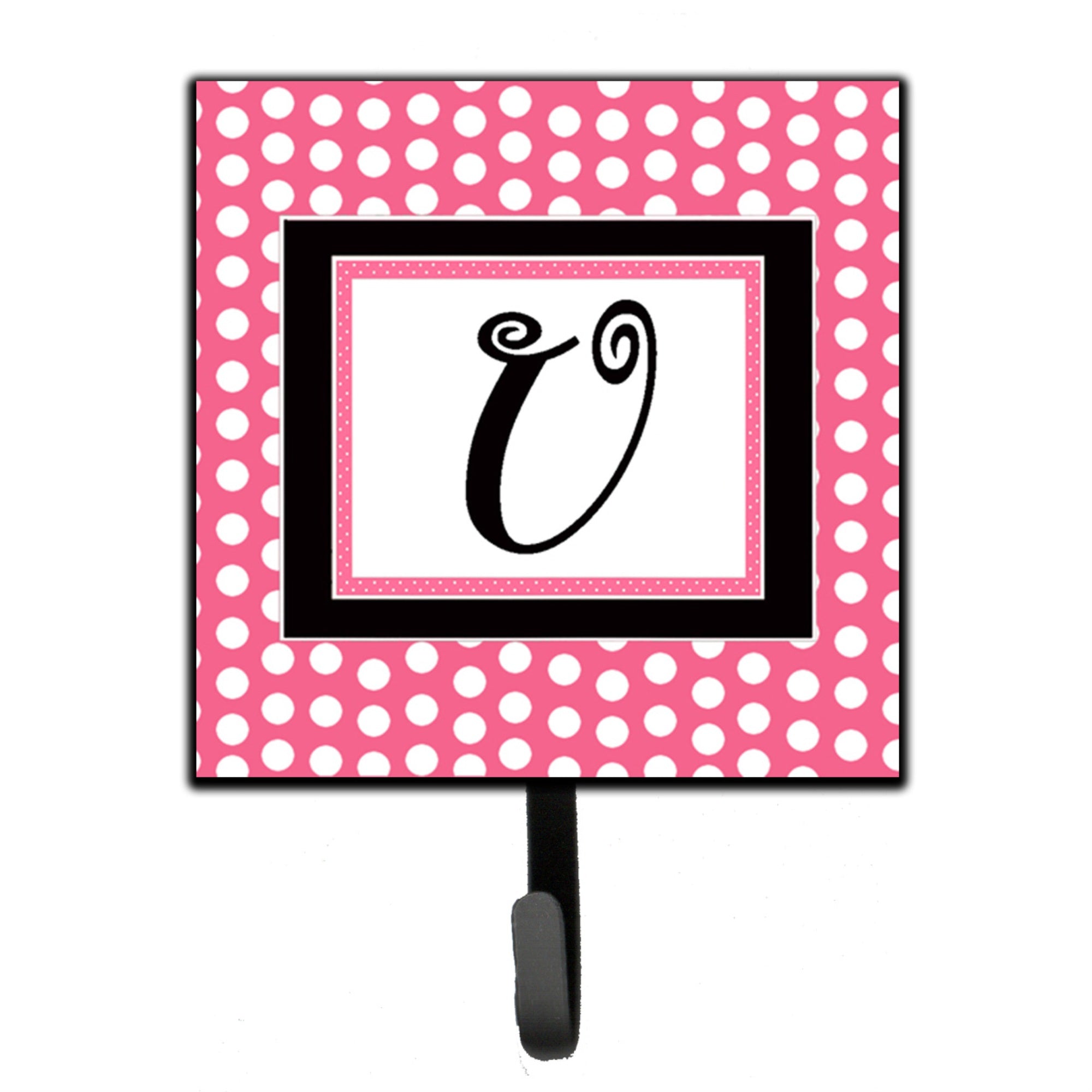Caroline'S Treasures Cj1001-Ush4 Letter U Initial Monogram-Pink Black Polka Dots Leash Holder Or Key Hook, Small, Multicolor
