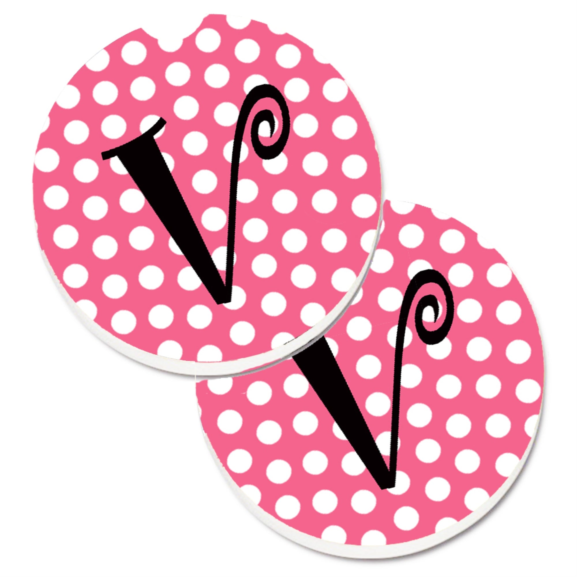 Caroline'S Treasures Letter V Monogram - Pink Black Polka Dots Set Of 2 Cup Holder Car Coasters Cj1001-Vcarc, 2.56, Multicolor