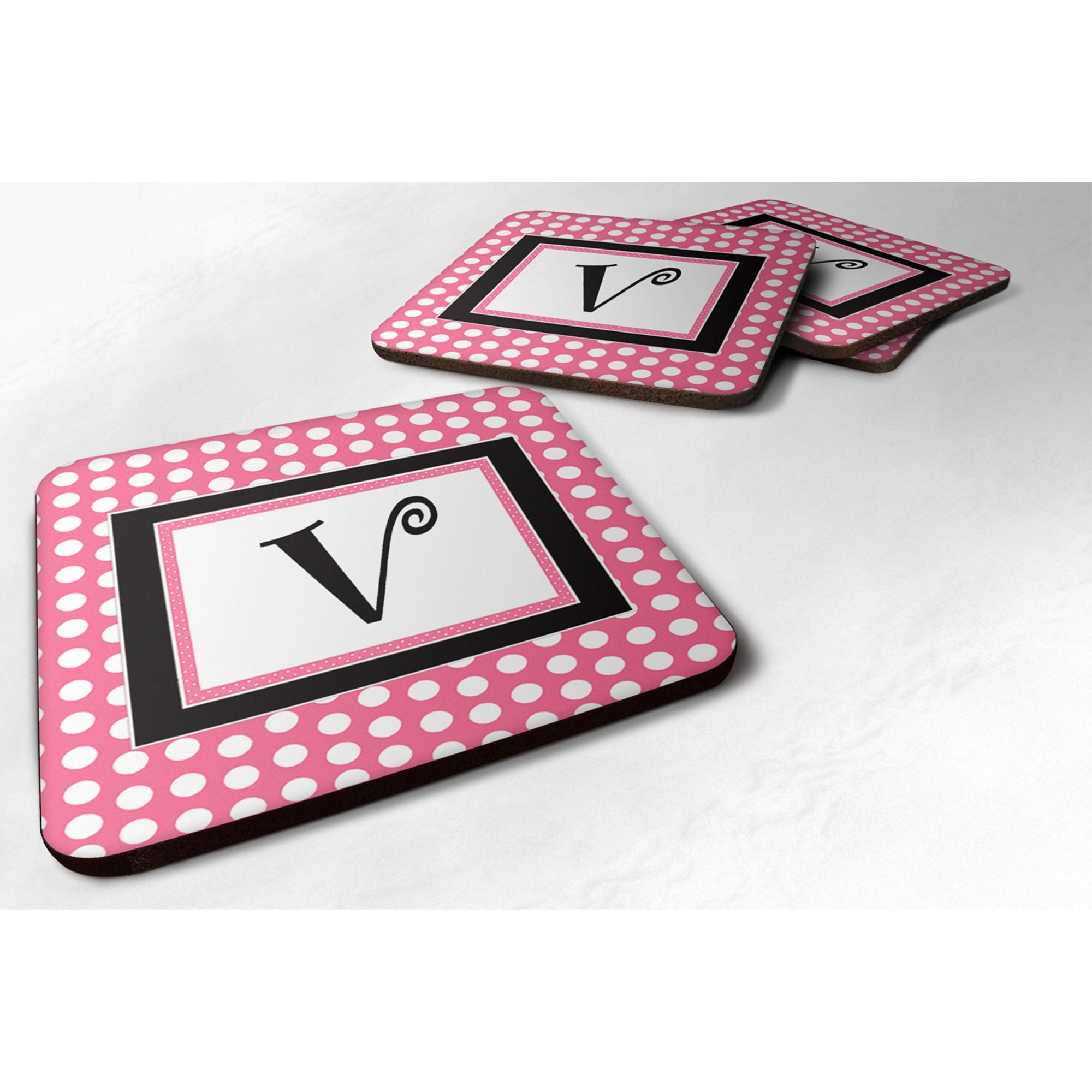 Caroline'S Treasures Cj1001-Vfc Monogram-Pink Black Polka Dots Foam Coasters (Set Of 4), Initial Letter V, 3.5 H X 3.5