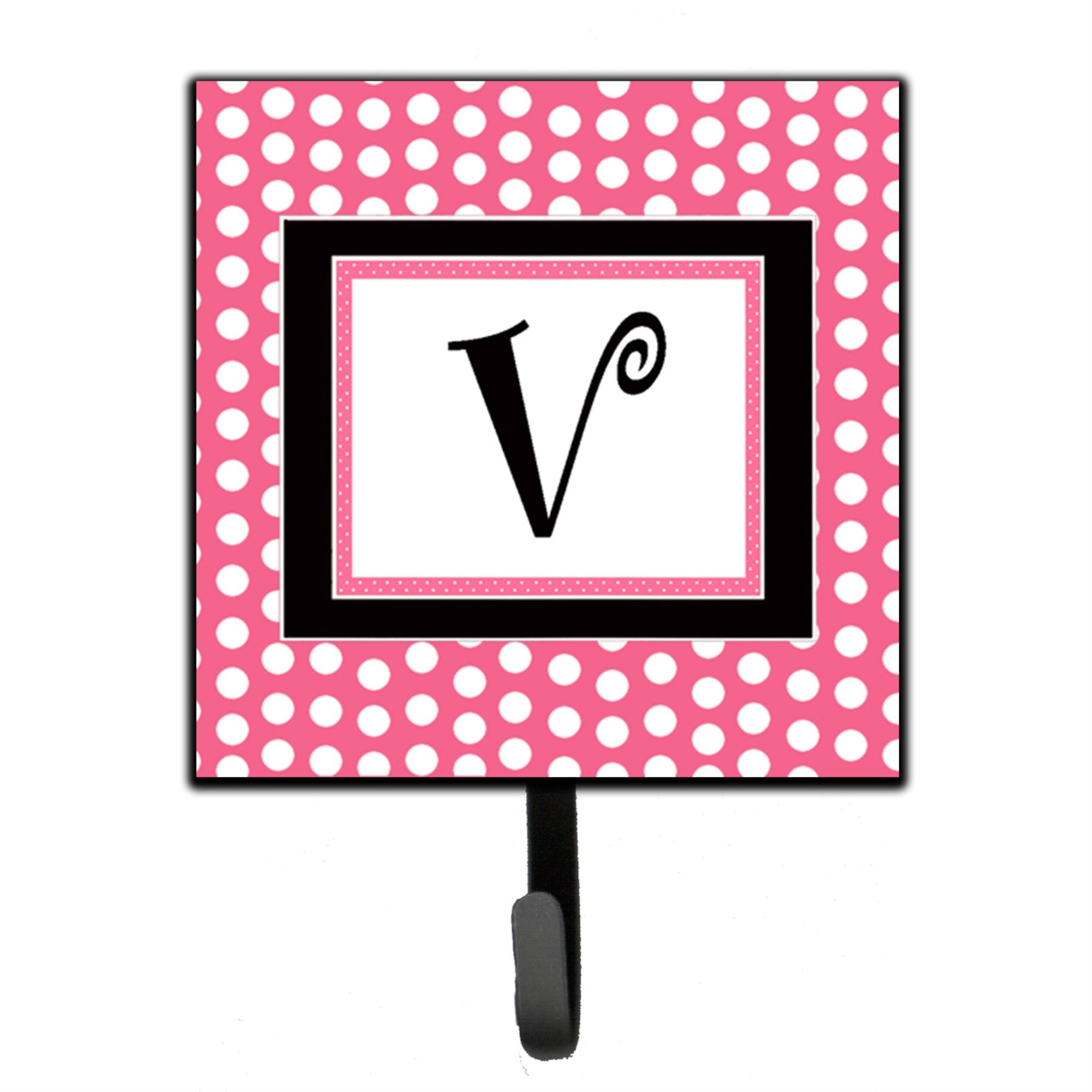 Caroline'S Treasures Cj1001-Vsh4 Letter V Initial Monogram-Pink Black Polka Dots Leash Holder Or Key Hook, Small, Multicolor
