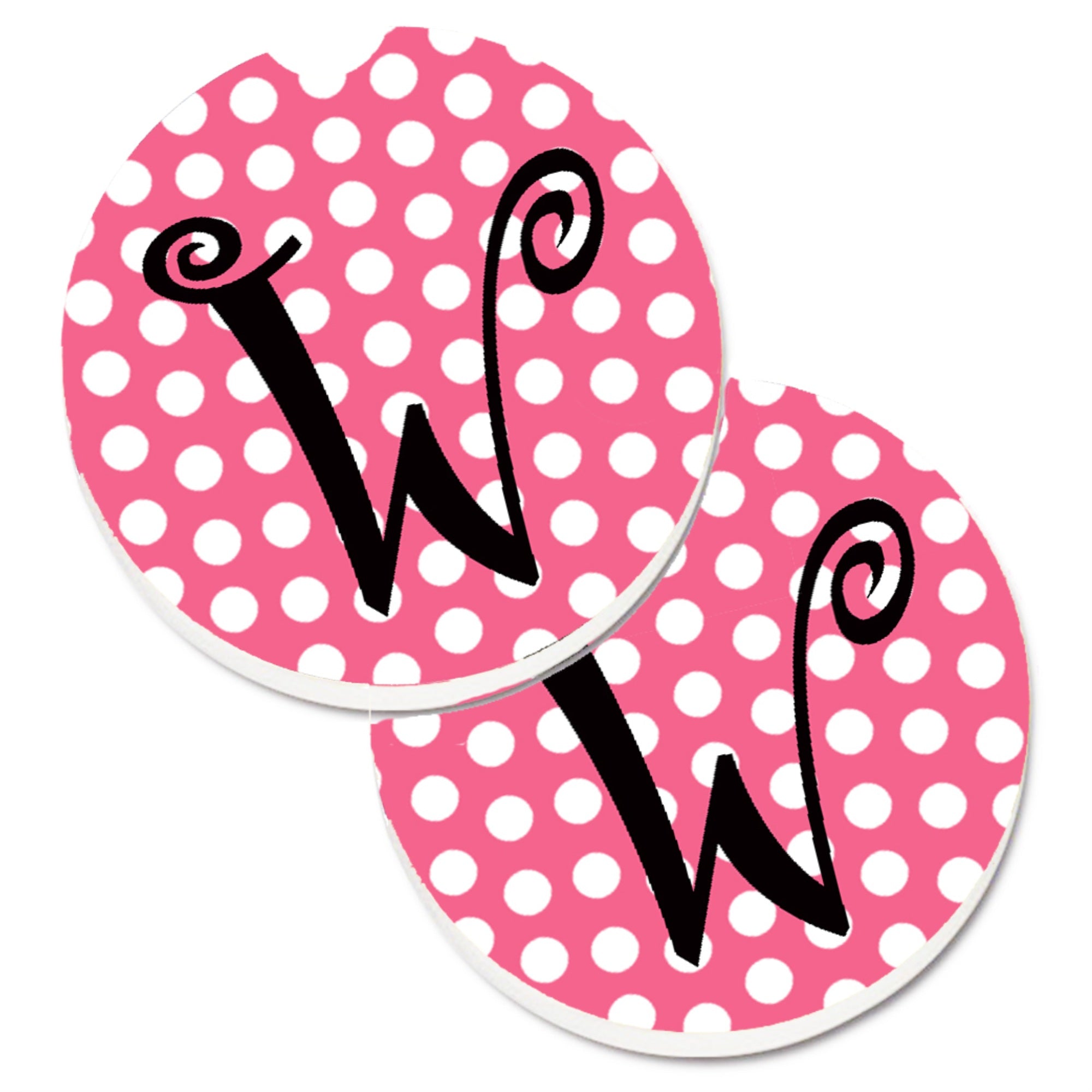 Caroline'S Treasures Letter W Monogram - Pink Black Polka Dots Set Of 2 Cup Holder Car Coasters Cj1001-Wcarc, 2.56, Multicolor