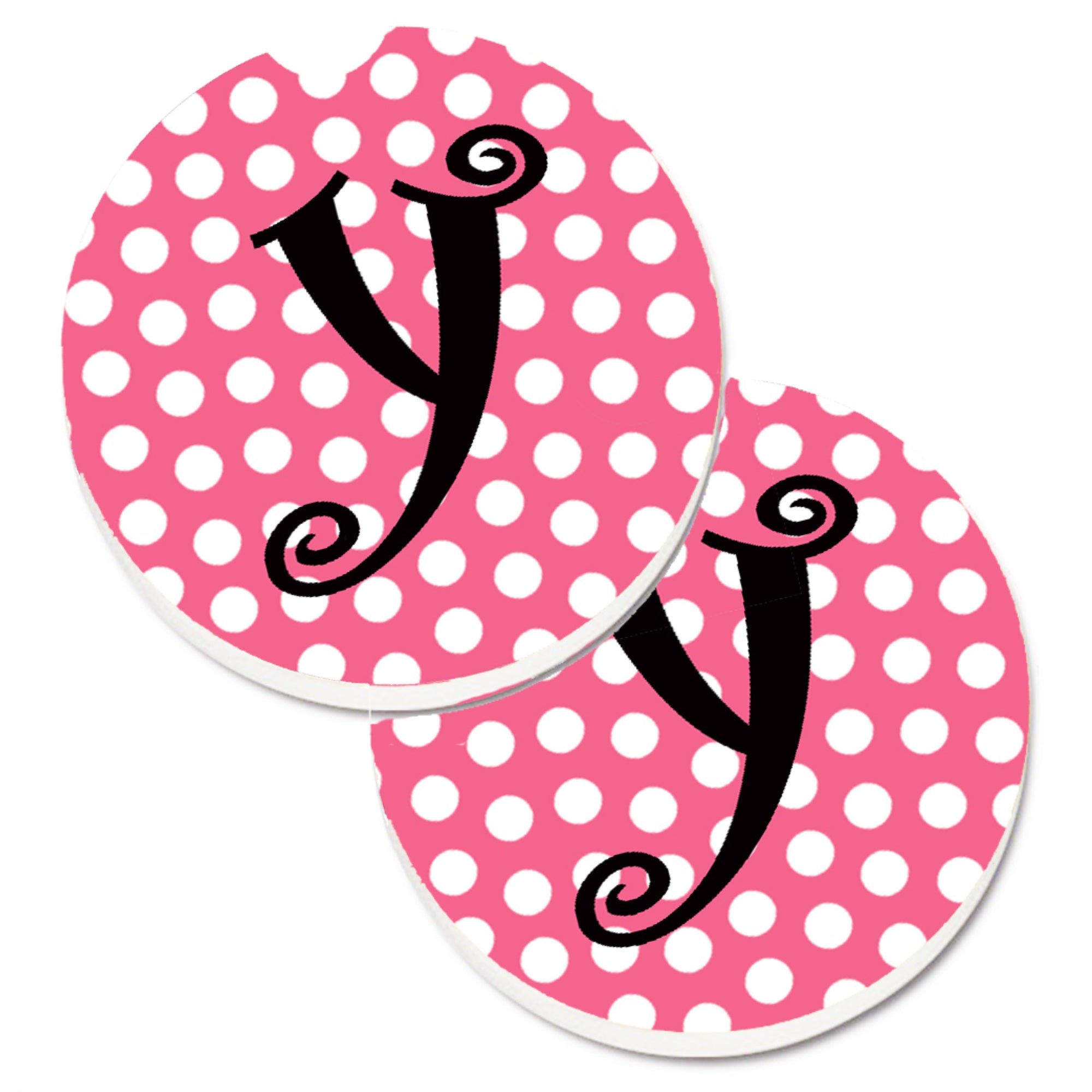 Caroline'S Treasures Letter Y Monogram - Pink Black Polka Dots Set Of 2 Cup Holder Car Coasters Cj1001-Ycarc, 2.56, Multicolor