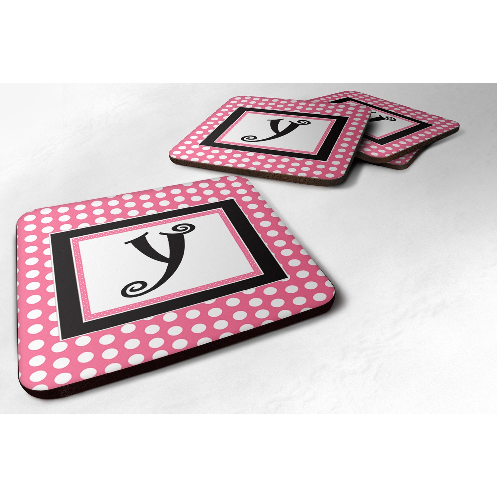 Caroline'S Treasures Cj1001-Yfc Monogram-Pink Black Polka Dots Foam Coasters (Set Of 4), Initial Letter Y, 3.5 H X 3.5