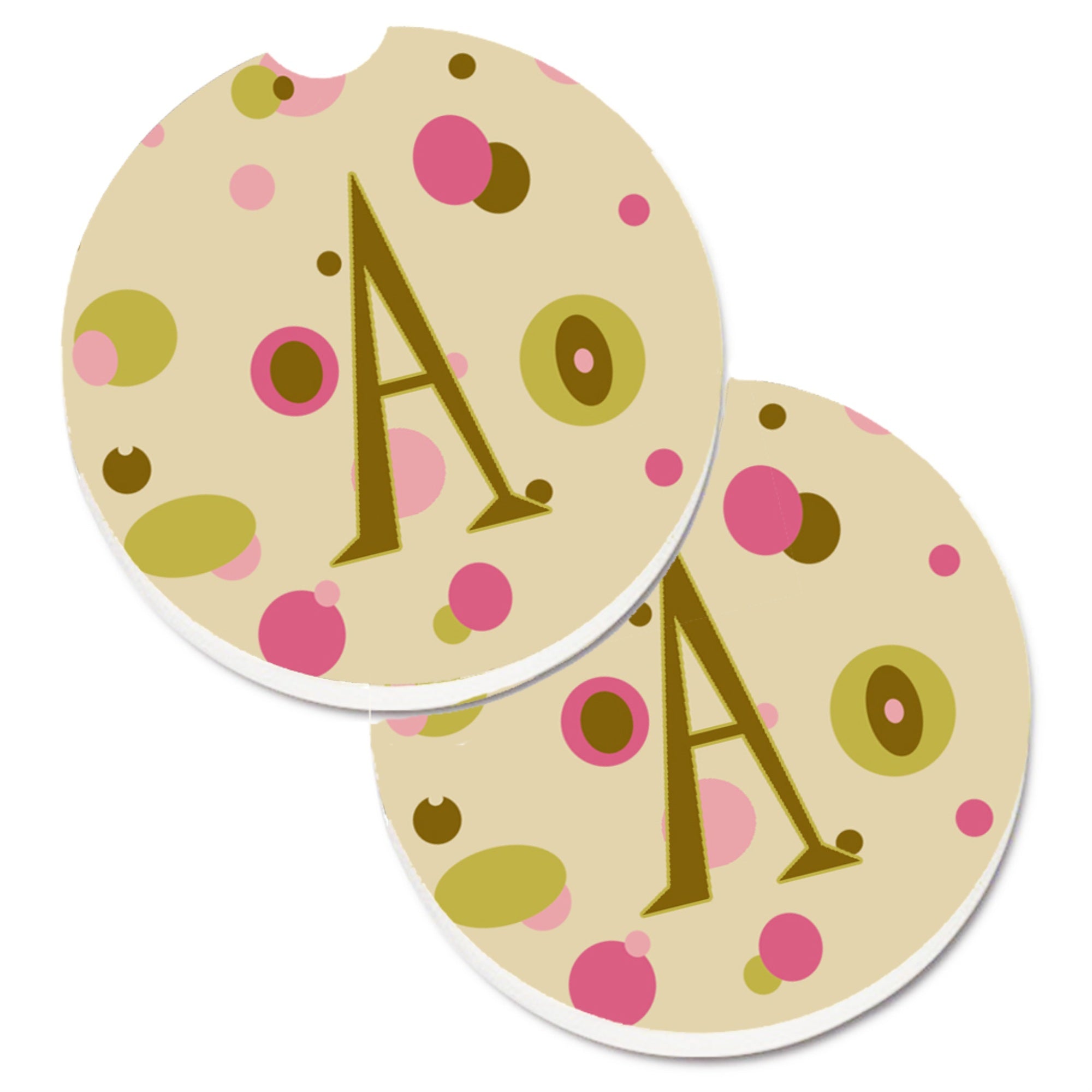 Caroline'S Treasures Letter A Monogram - Tan Dots Set Of 2 Cup Holder Car Coasters Cj1004-Acarc, 2.56, Multicolor