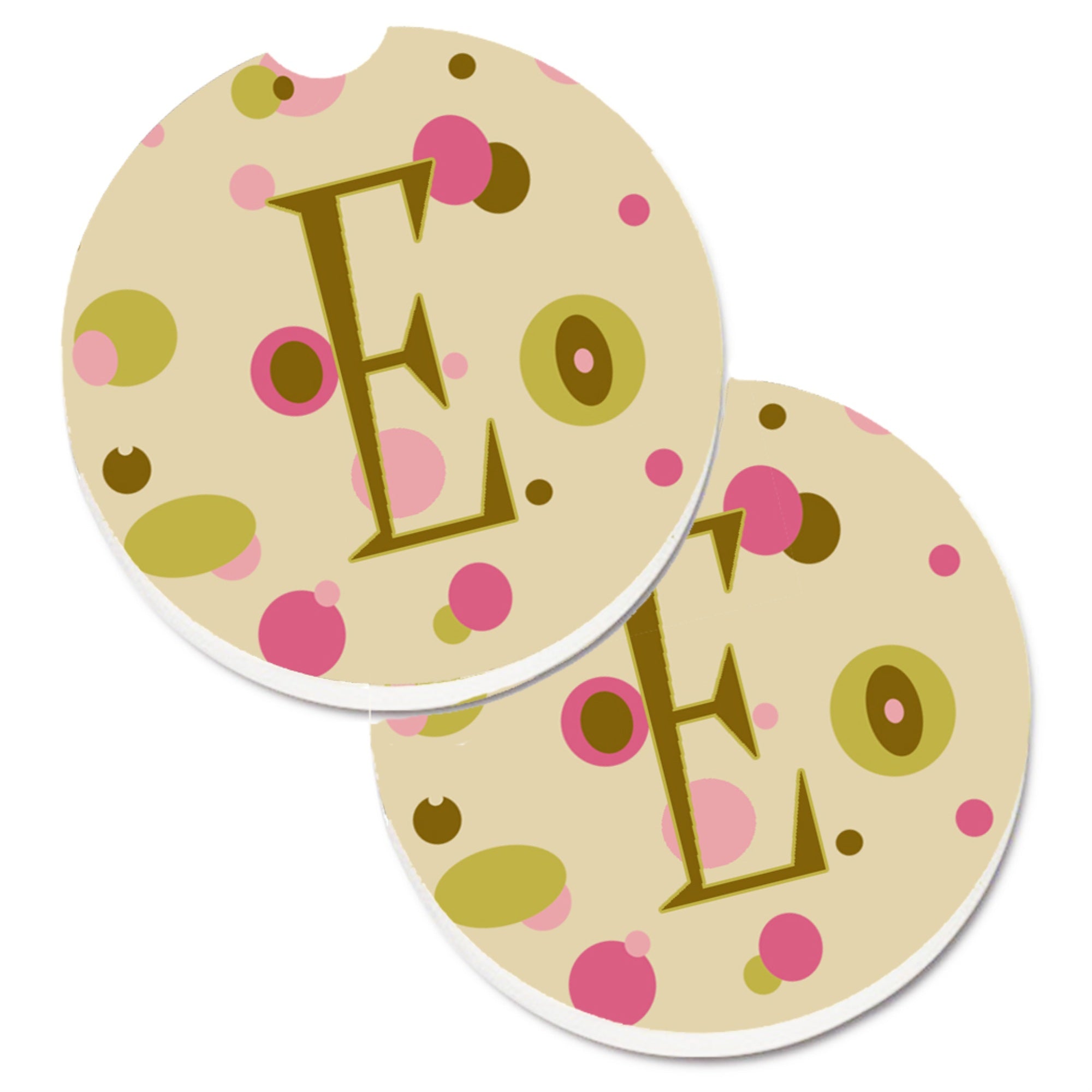 Caroline'S Treasures Letter E Initial Monogram - Tan Dots Set Of 2 Cup Holder Car Coasters Cj1004-Ecarc, 2.56, Multicolor