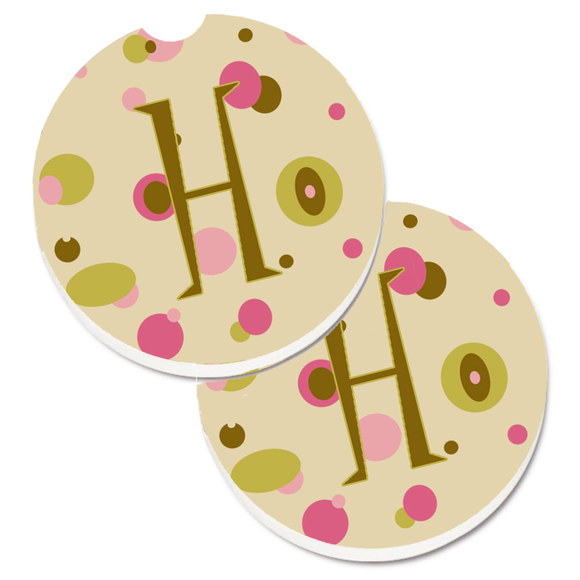 Caroline'S Treasures Letter H Initial Monogram - Tan Dots Set Of 2 Cup Holder Car Coasters Cj1004-Hcarc, 2.56, Multicolor
