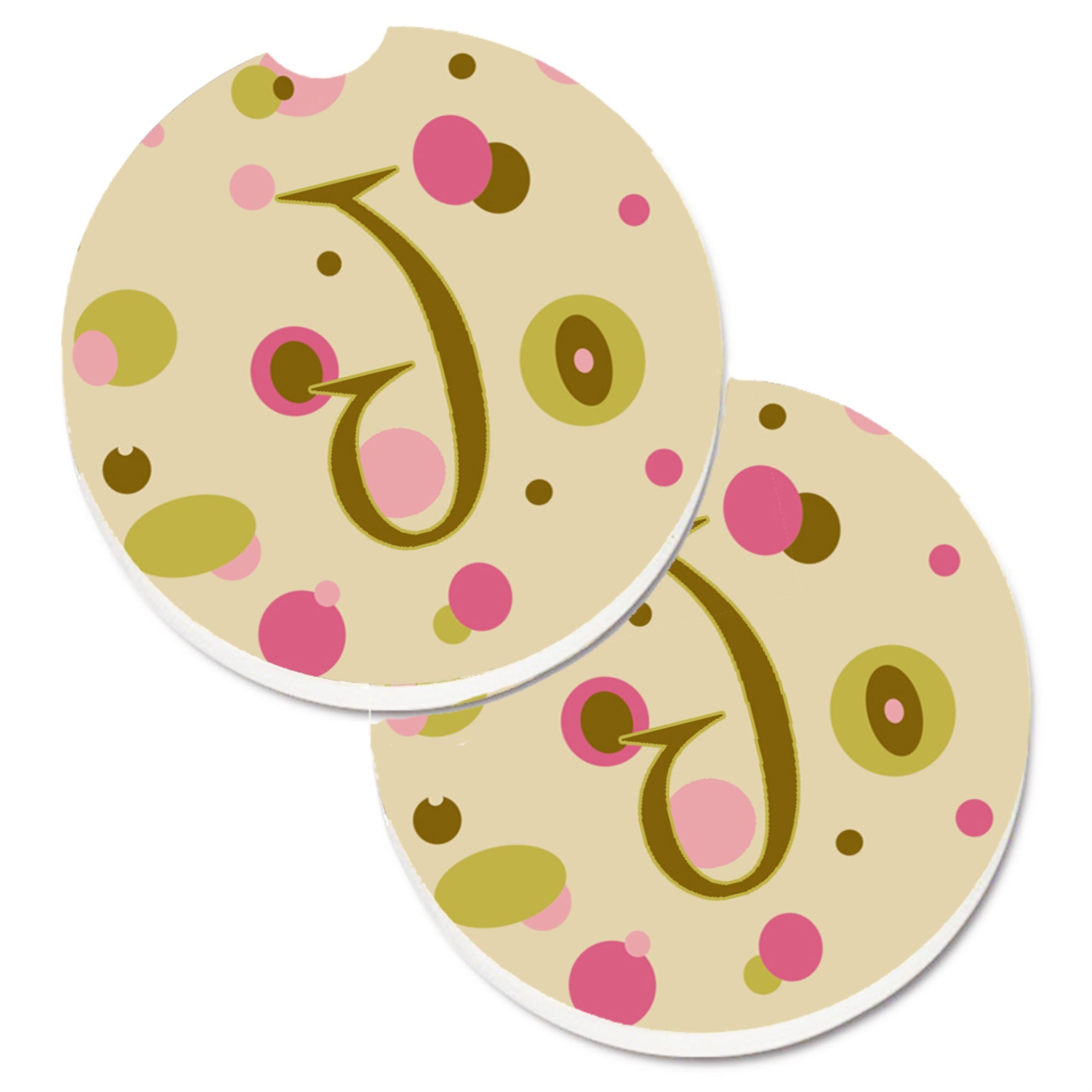 Caroline'S Treasures Letter J Initial Monogram - Tan Dots Set Of 2 Cup Holder Car Coasters Cj1004-Jcarc, 2.56, Multicolor