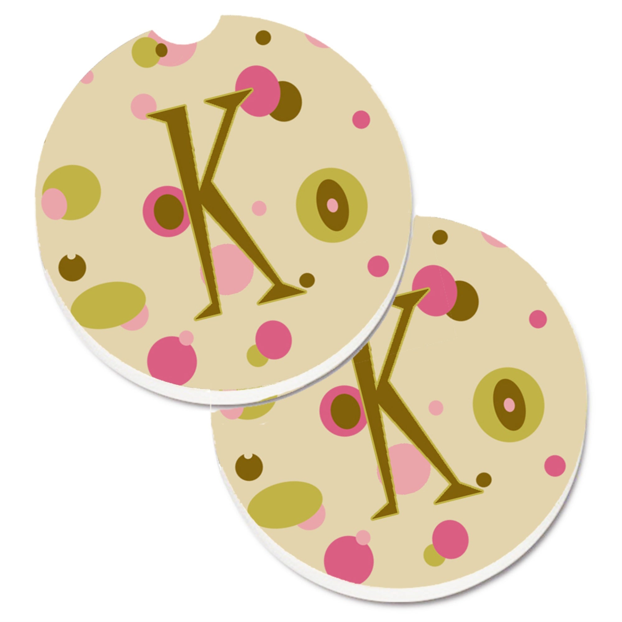 Caroline'S Treasures Letter K Initial Monogram - Tan Dots Set Of 2 Cup Holder Car Coasters Cj1004-Kcarc, 2.56, Multicolor
