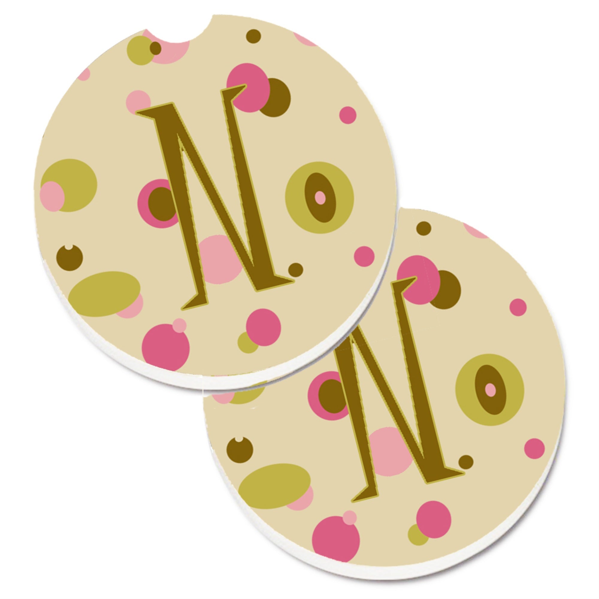 Caroline'S Treasures Letter N Initial Monogram - Tan Dots Set Of 2 Cup Holder Car Coasters Cj1004-Ncarc, 2.56, Multicolor