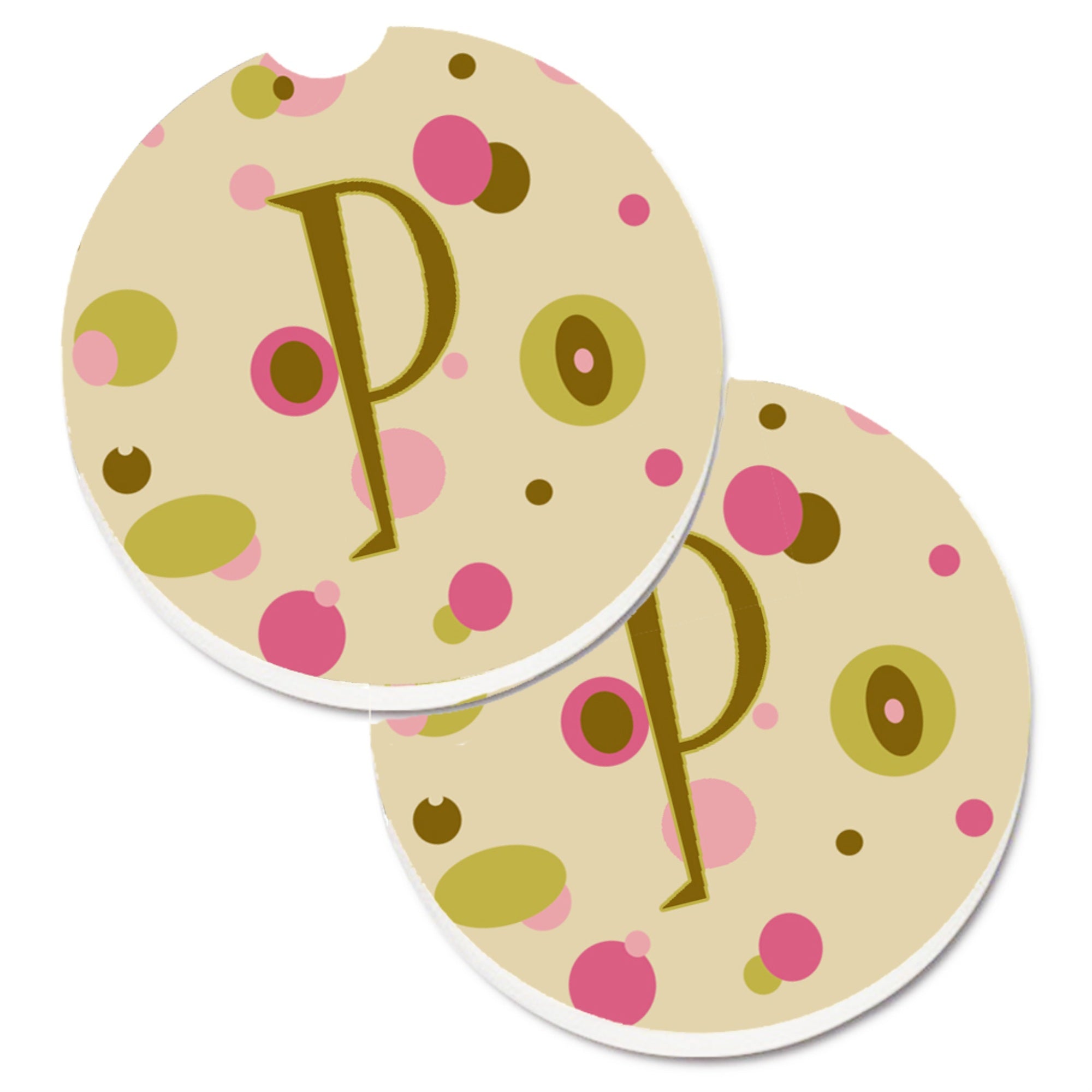 Caroline'S Treasures Letter P Initial Monogram - Tan Dots Set Of 2 Cup Holder Car Coasters Cj1004-Pcarc, 2.56, Multicolor