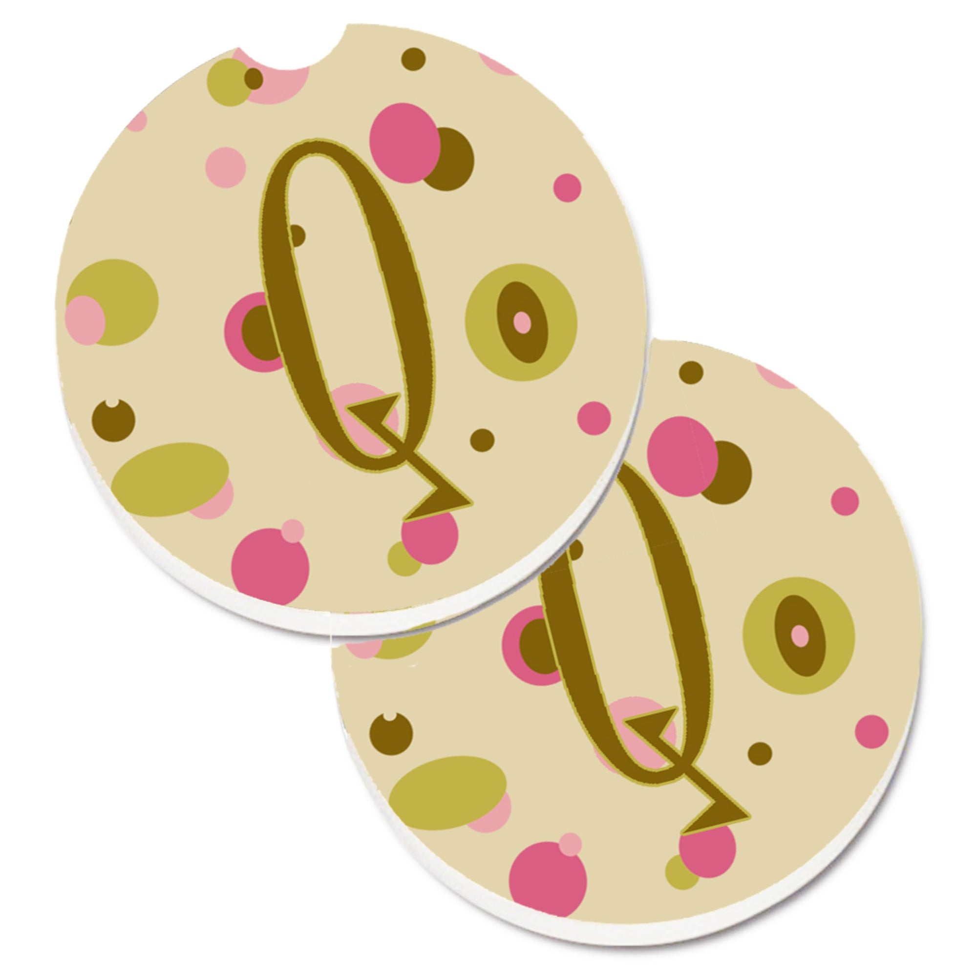 Caroline'S Treasures Letter Q Initial Monogram - Tan Dots Set Of 2 Cup Holder Car Coasters Cj1004-Qcarc, 2.56, Multicolor