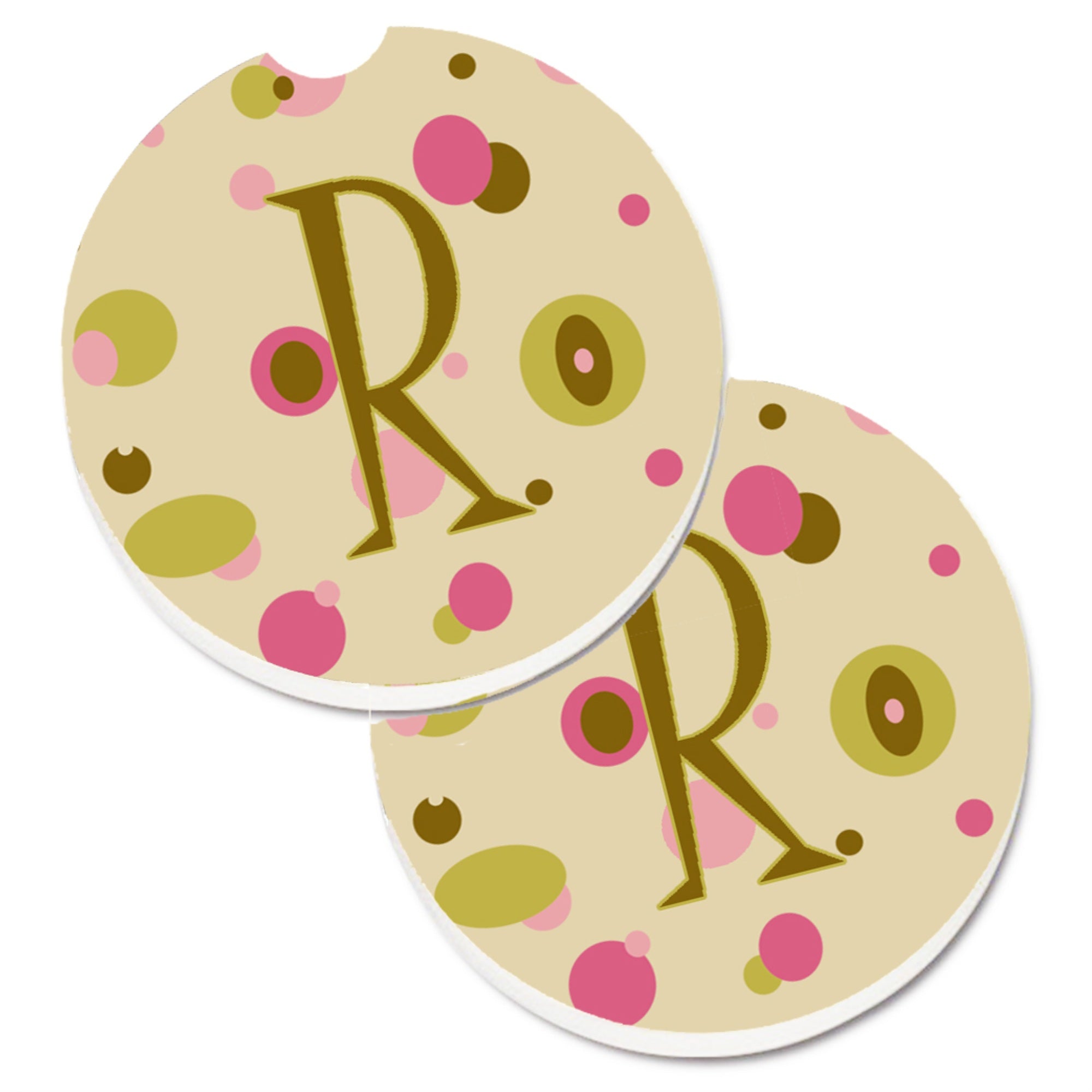 Caroline'S Treasures Letter R Initial Monogram - Tan Dots Set Of 2 Cup Holder Car Coasters Cj1004-Rcarc, 2.56, Multicolor