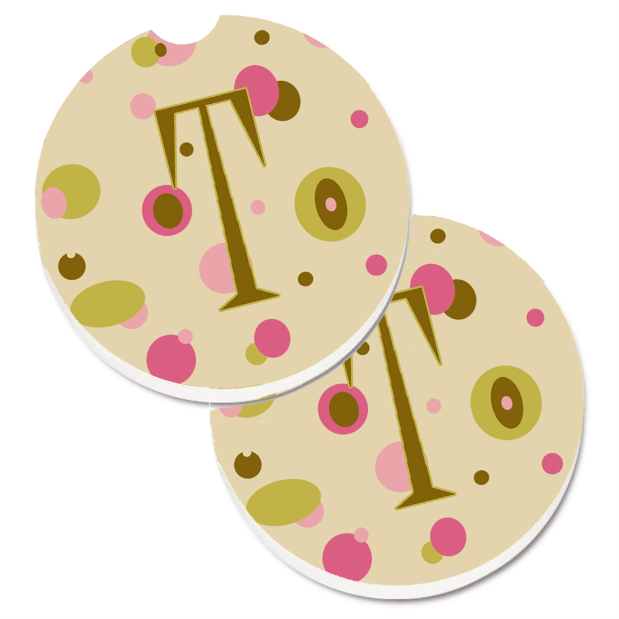Caroline'S Treasures Letter T Initial Monogram - Tan Dots Set Of 2 Cup Holder Car Coasters Cj1004-Tcarc, 2.56, Multicolor
