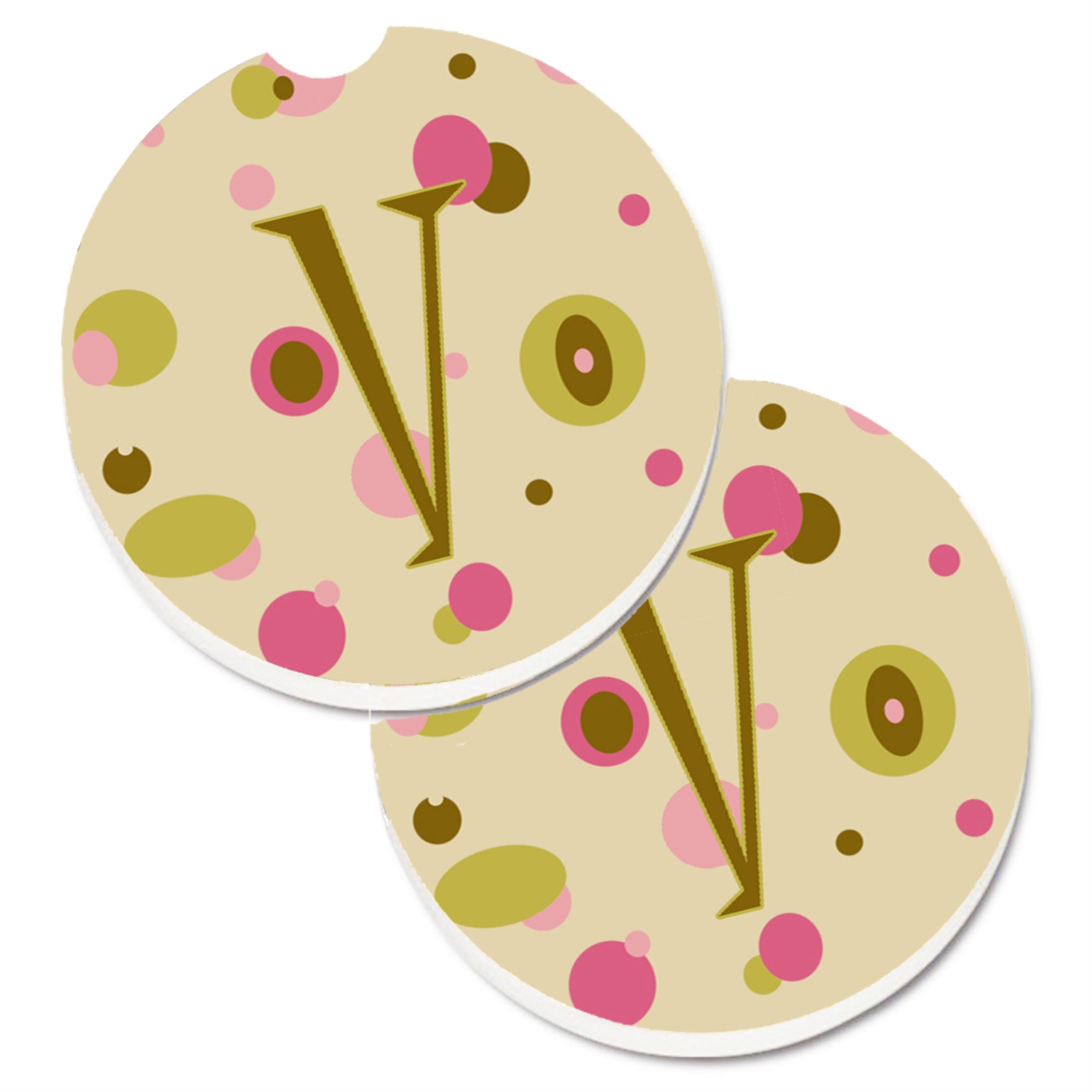 Caroline'S Treasures Letter V Initial Monogram - Tan Dots Set Of 2 Cup Holder Car Coasters Cj1004-Vcarc, 2.56, Multicolor