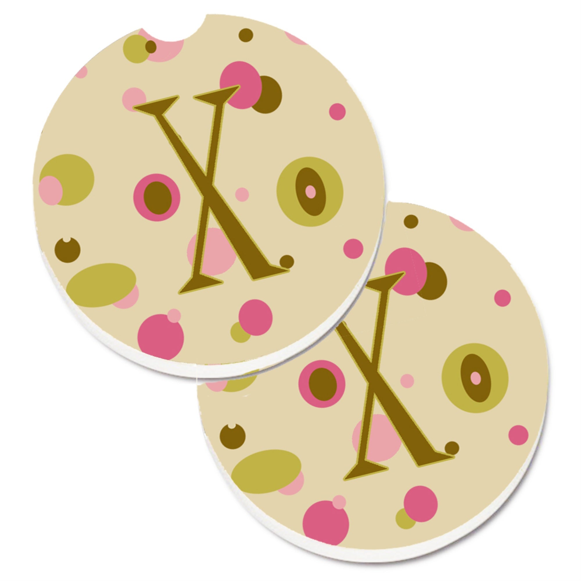 Caroline'S Treasures Letter X Initial Monogram - Tan Dots Set Of 2 Cup Holder Car Coasters Cj1004-Xcarc, 2.56, Multicolor