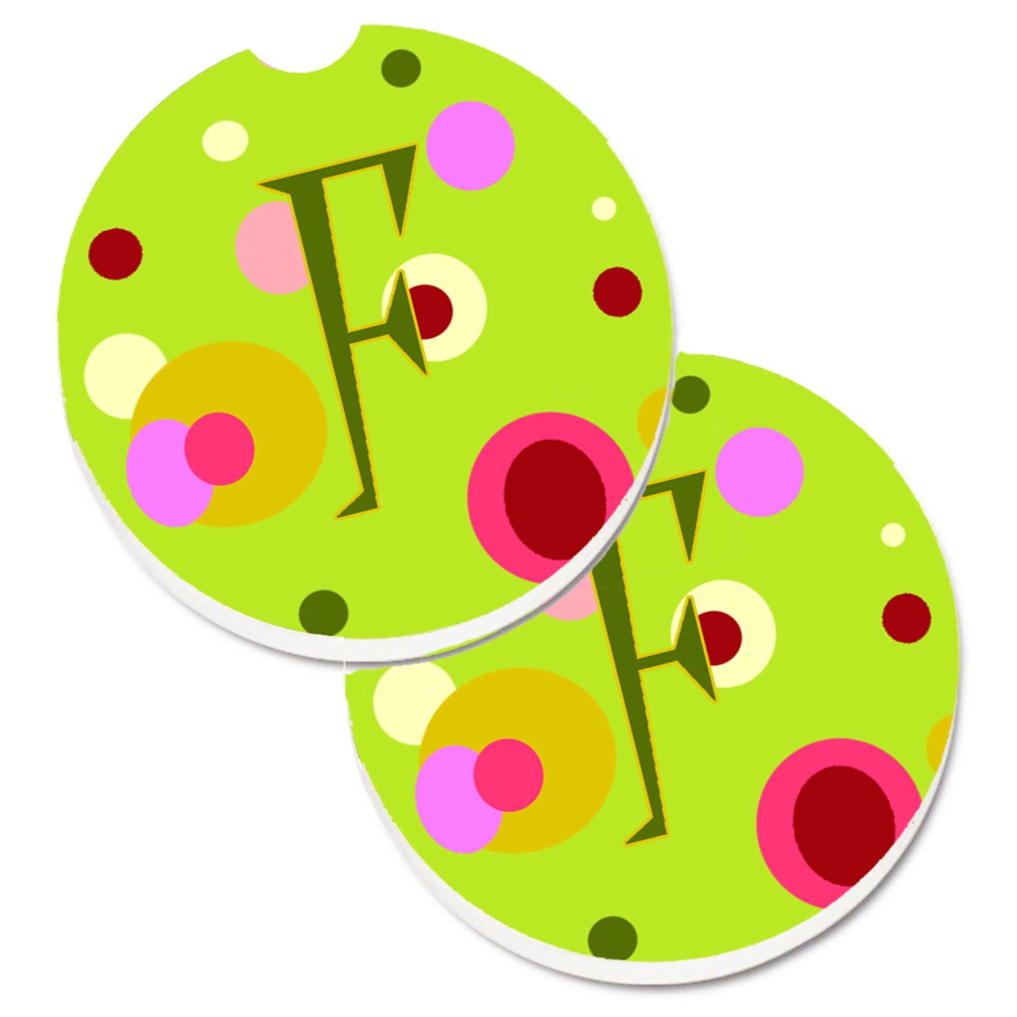 Caroline'S Treasures Letter F Monogram - Lime Green Set Of 2 Cup Holder Car Coasters Cj1010-Fcarc, 2.56, Multicolor
