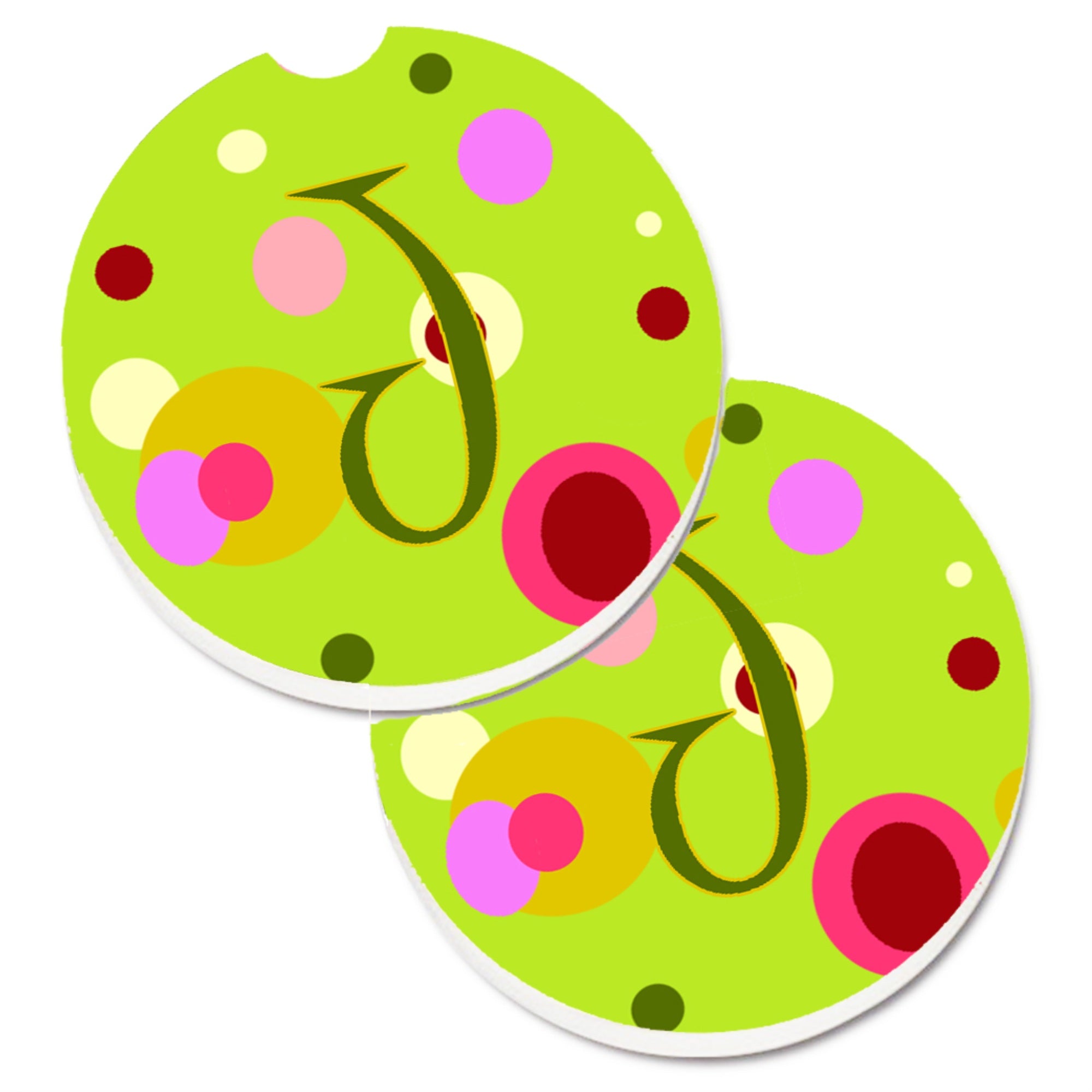 Caroline'S Treasures Letter J Monogram - Lime Green Set Of 2 Cup Holder Car Coasters Cj1010-Jcarc, 2.56, Multicolor
