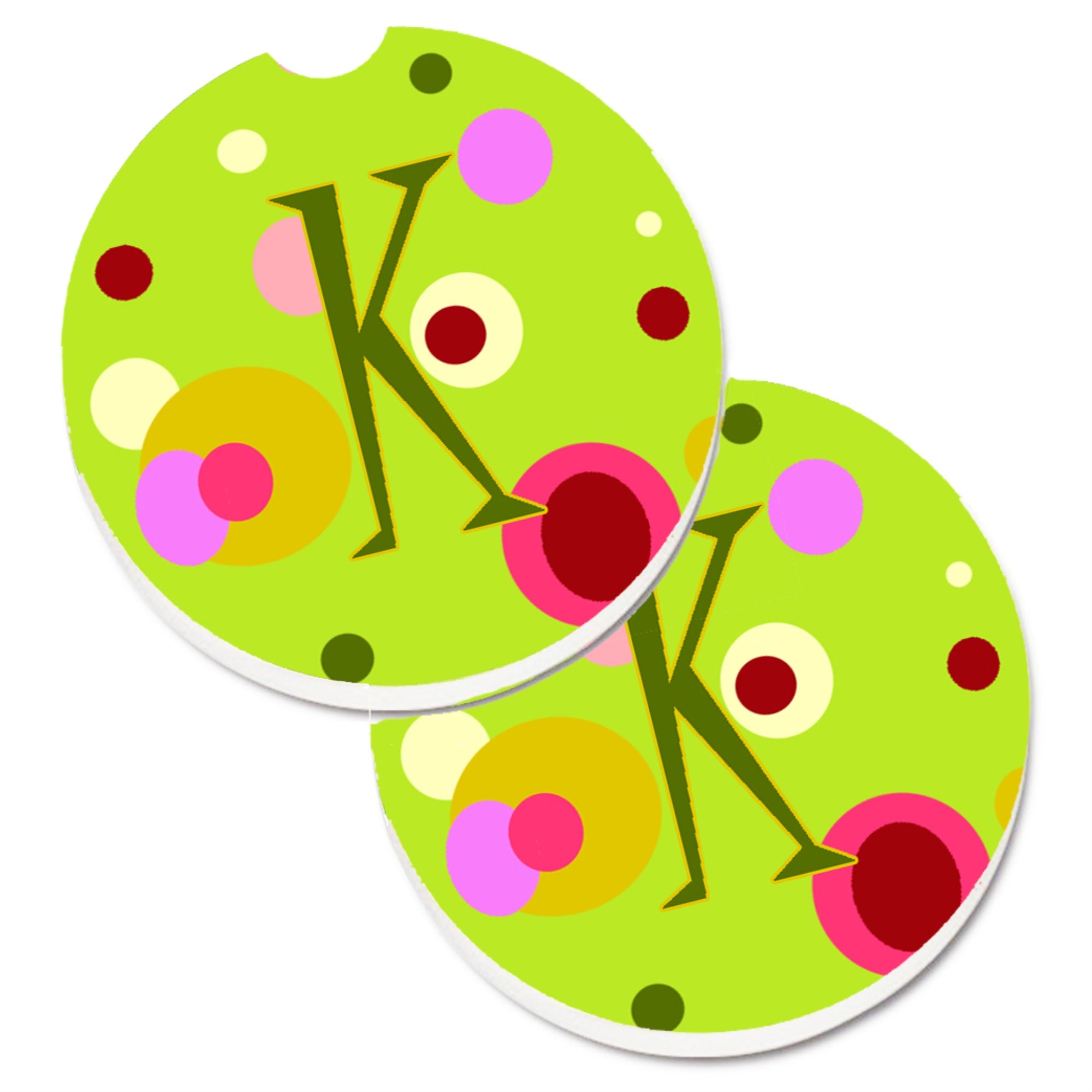 Caroline'S Treasures Letter K Monogram - Lime Green Set Of 2 Cup Holder Car Coasters Cj1010-Kcarc, 2.56, Multicolor
